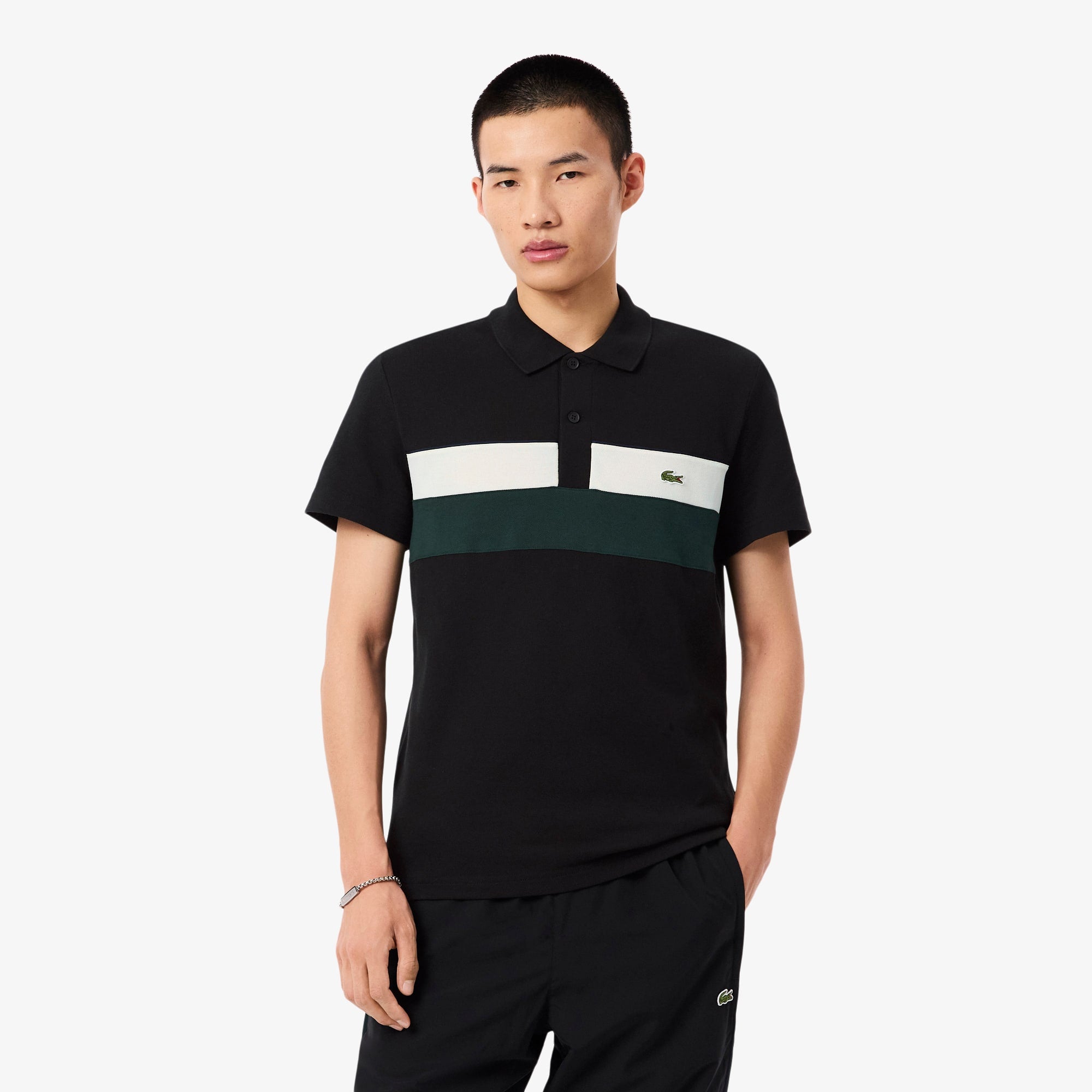 Men's Regular Fit Colorblock Petit Piqué Polo - Black / White / Green