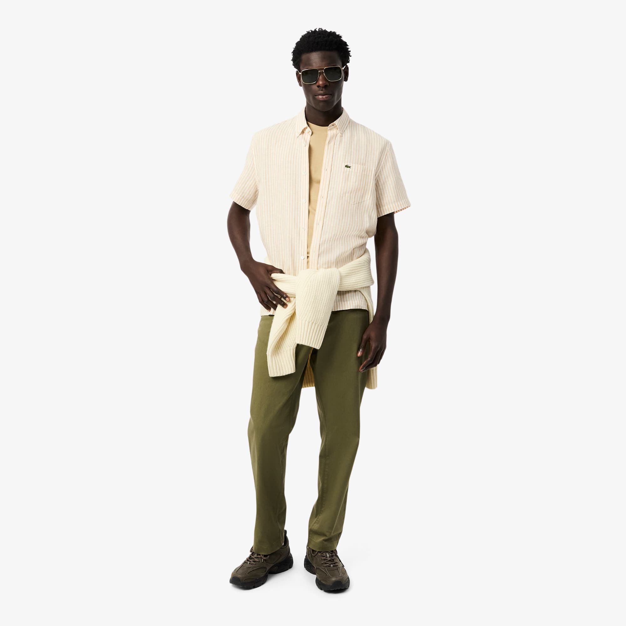 Men's Regular Fit Short Sleeve Linen Shirt - White / Beige
