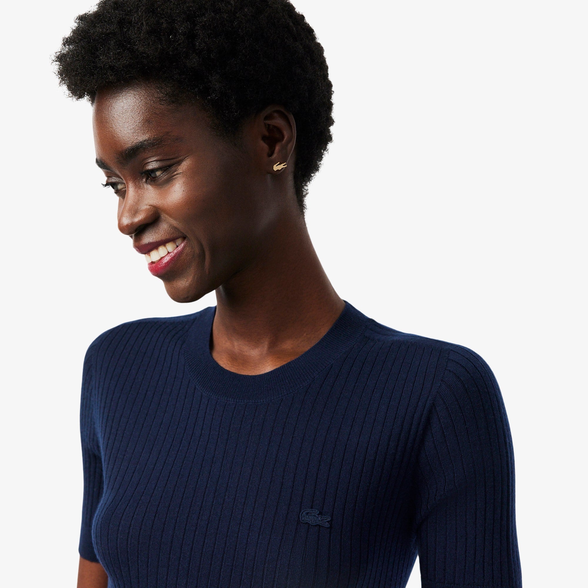 Women's Short Sleeve Merino Wool Rib Knit Sweater - Navy Blue