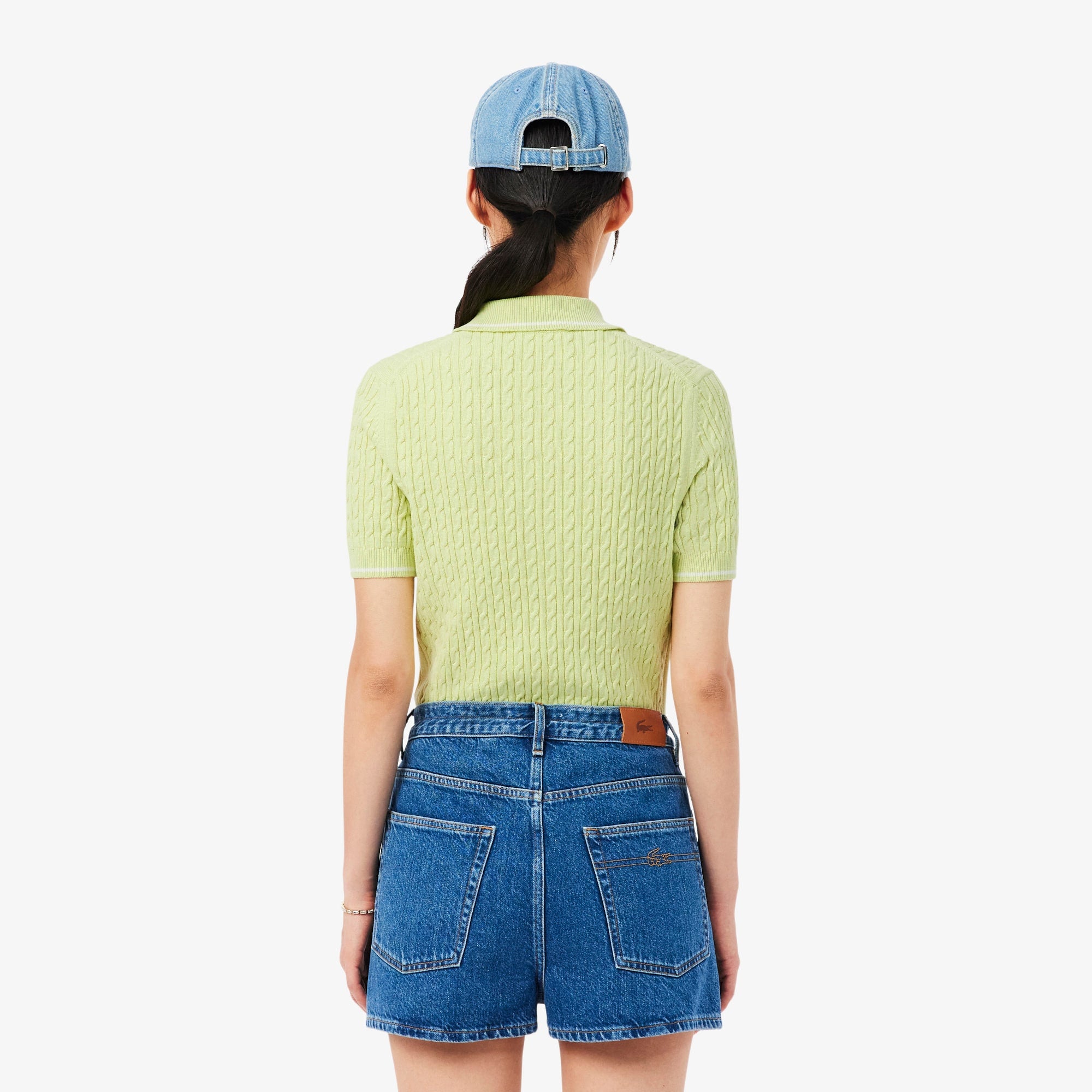 Striped Cable Knit Polo Collar Sweater - Green