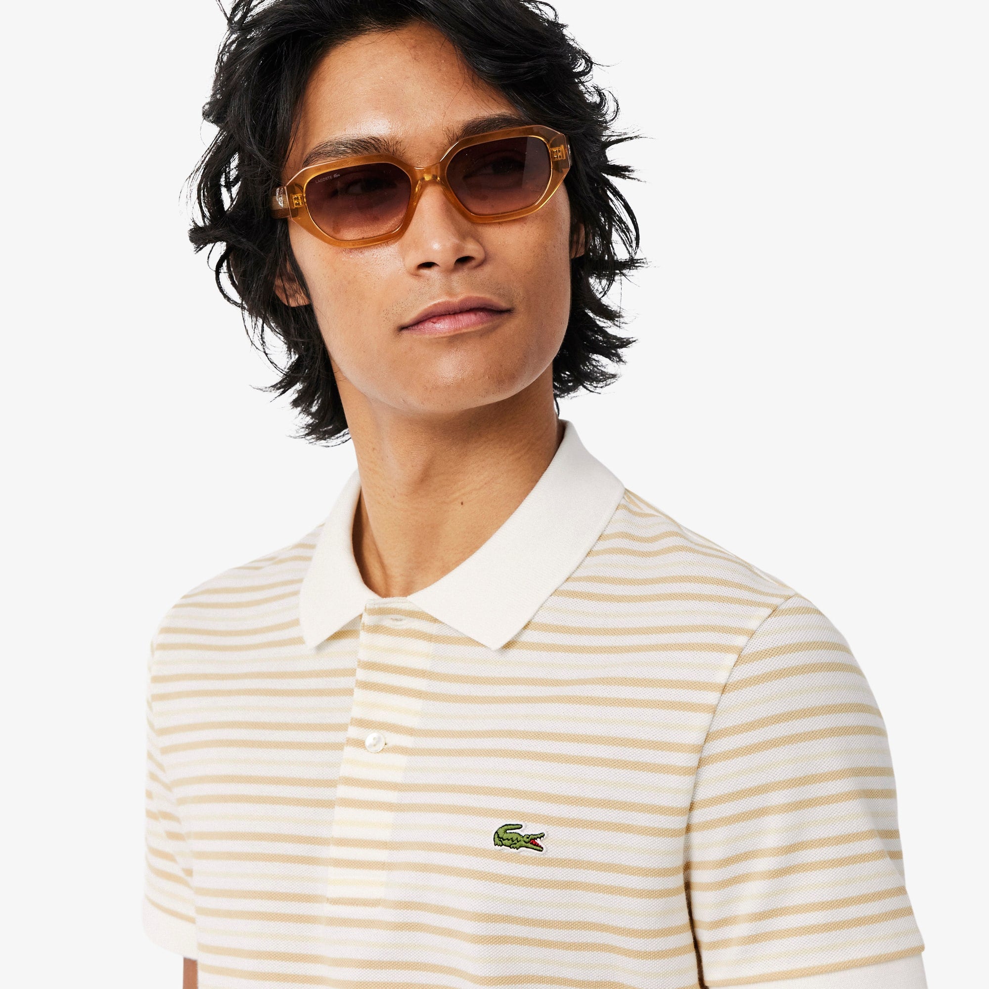 Classic Fit Striped Petit Piqué Polo - Beige / Blanc