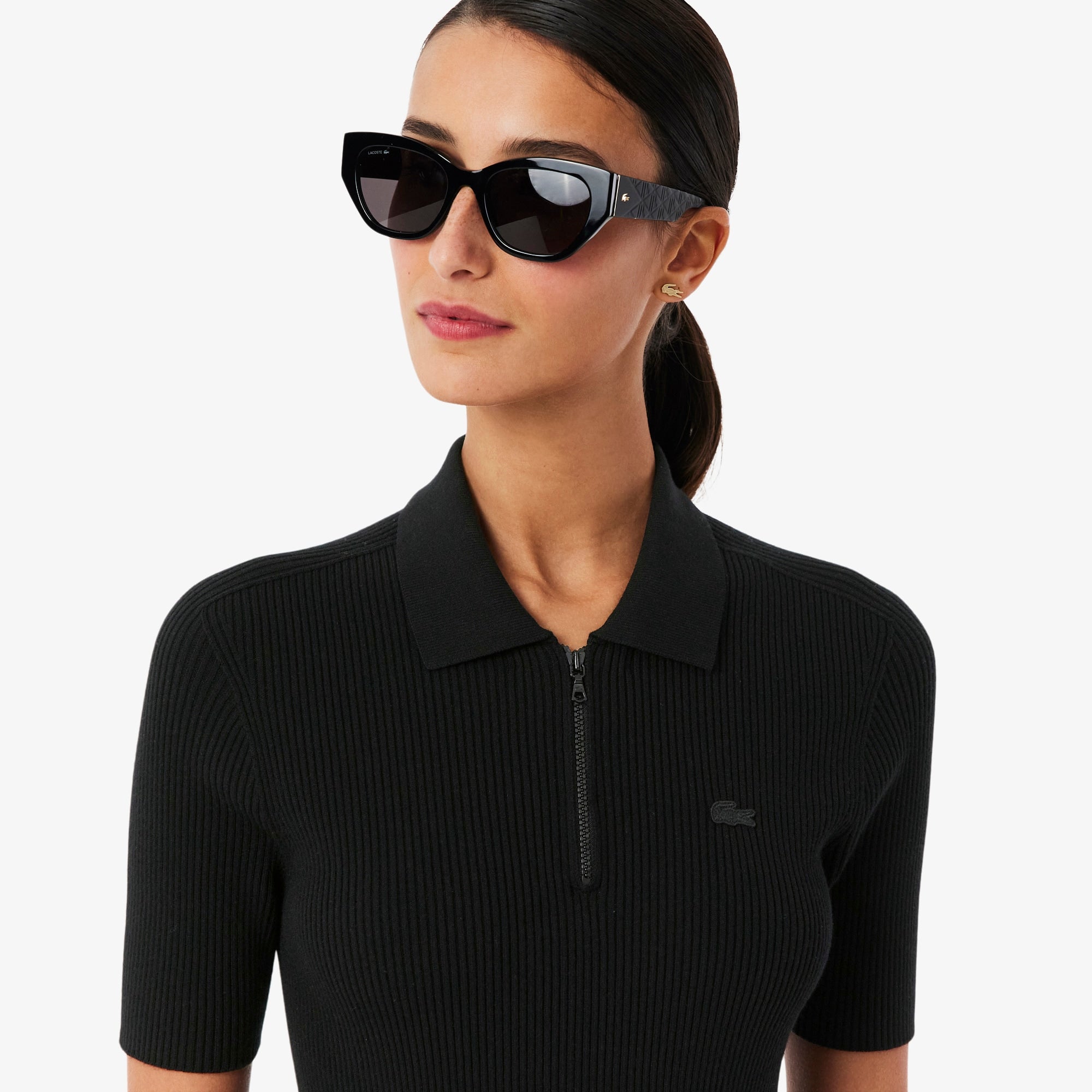 Women's Pleated Polo Collar Dress - Black