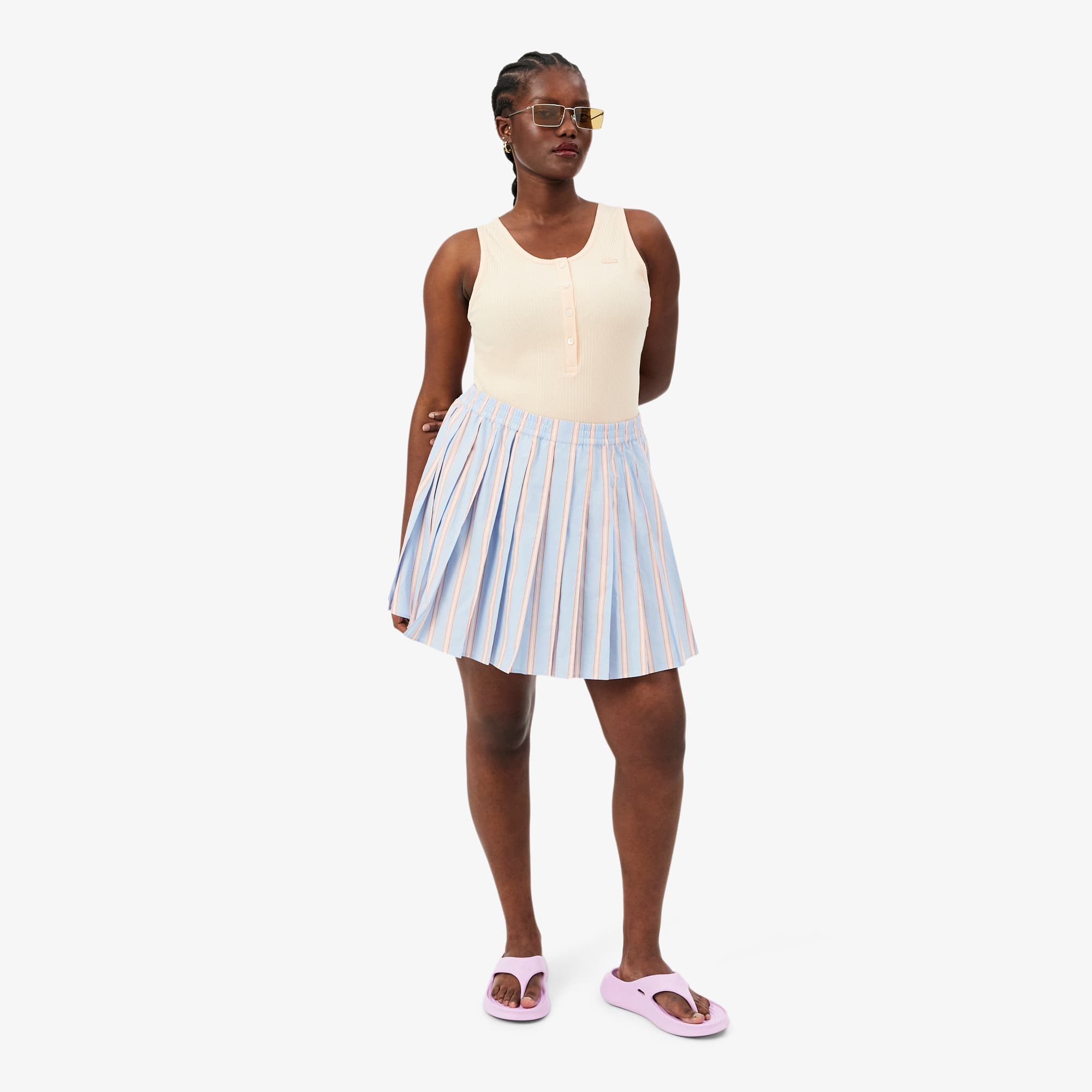 Poplin Short Striped Pleated Skirt - Bleu Clair / Rose / Blanc / Noir