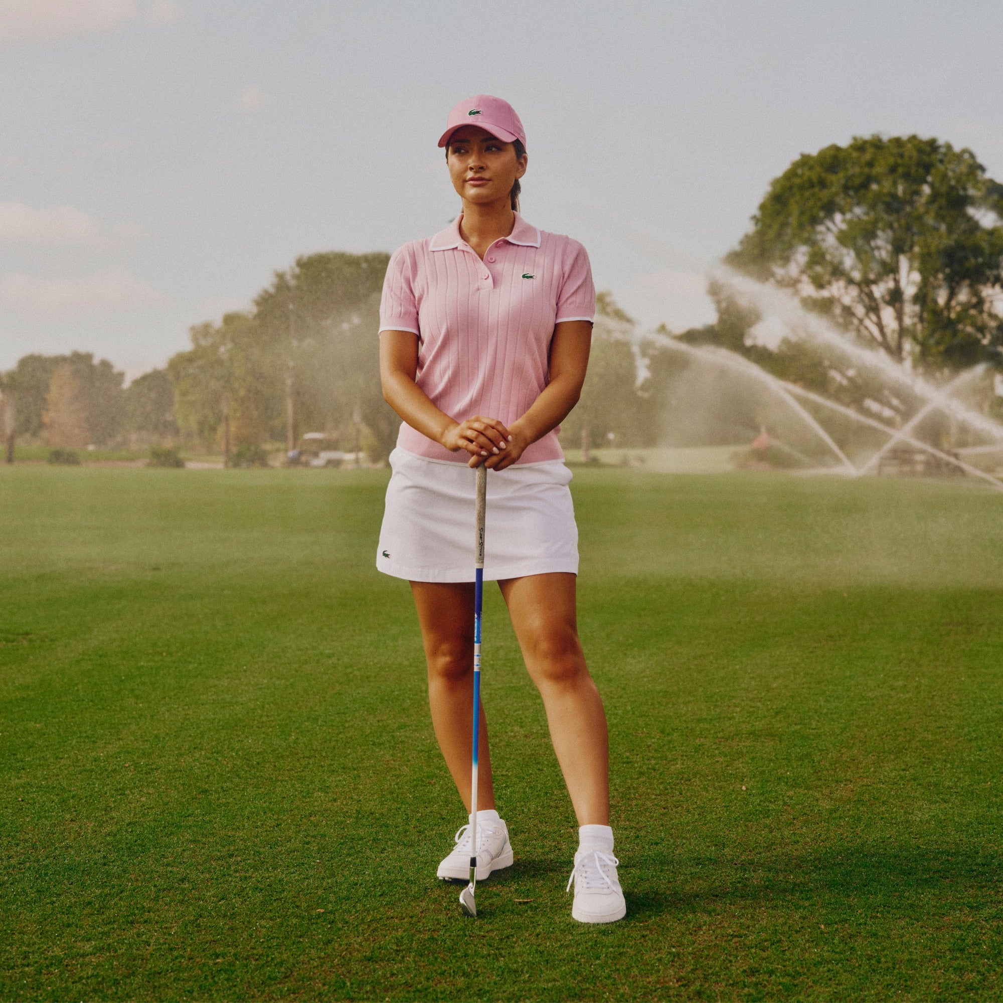 Women's Short Sleeve Polo Collar Golf Sweater - Rose / Blanc