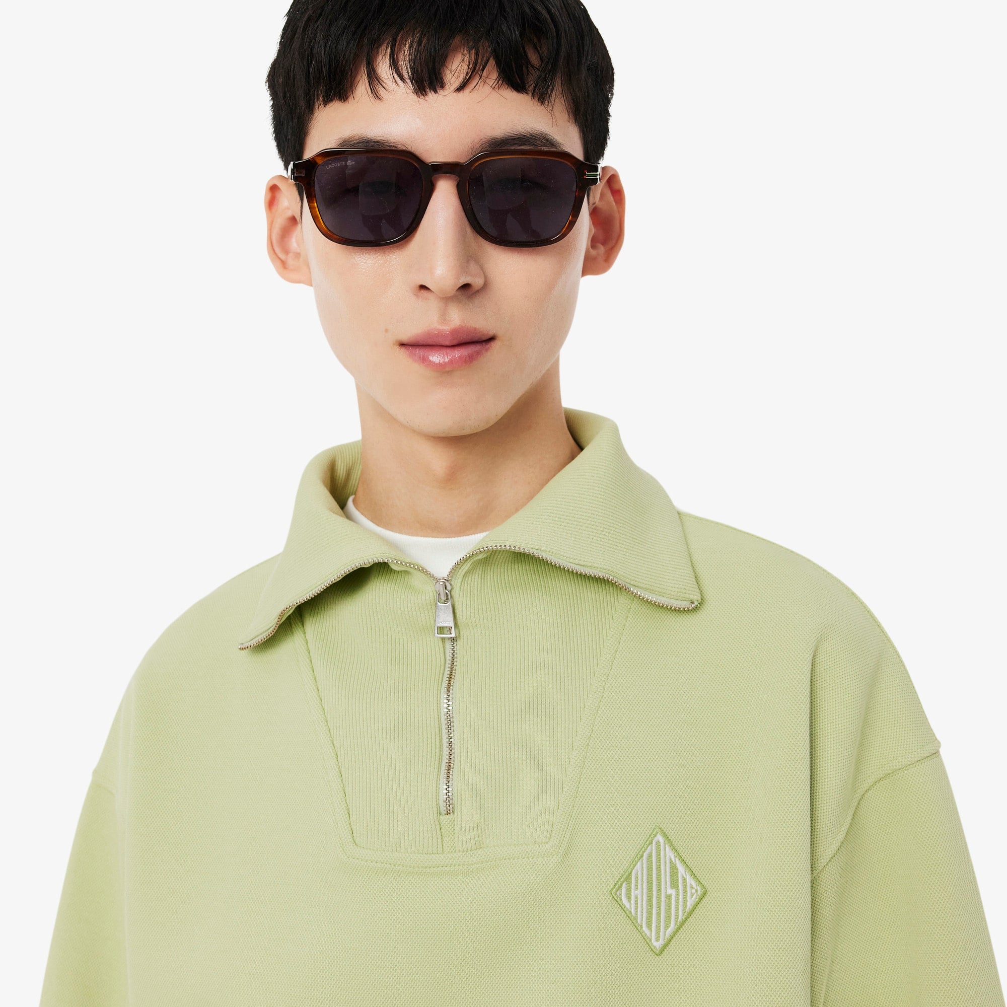 Loose Fit Zipped Neck Piqué Sweatshirt - Green