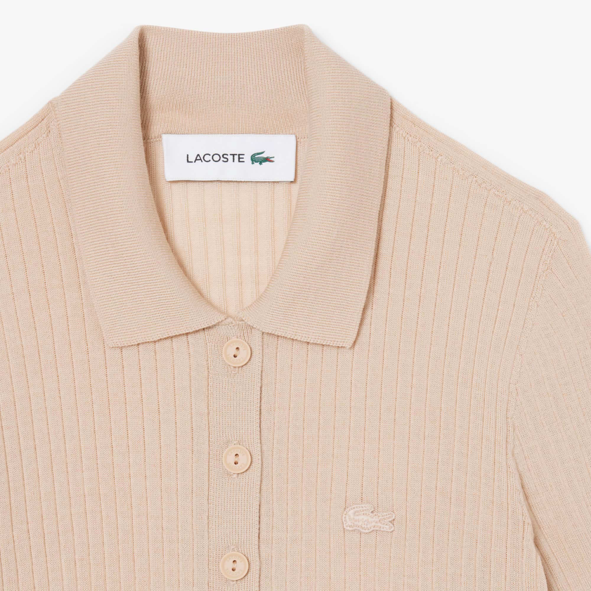 3D Rib Knit Polo Collar Merino Wool Sweater - Beige