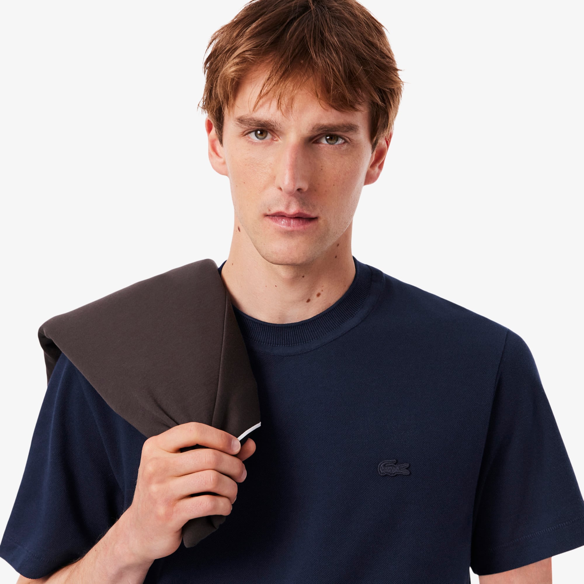 Men's Ribbed Neck Petit Piqué T-Shirt - Navy Blue