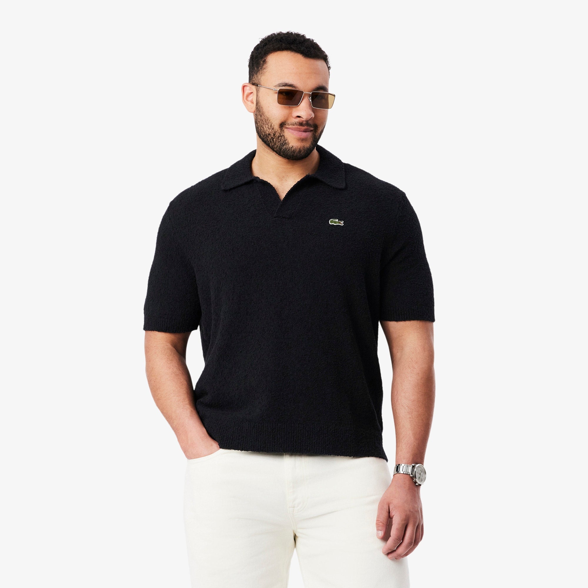 Classic Fit Bouclé Knit Polo - Black