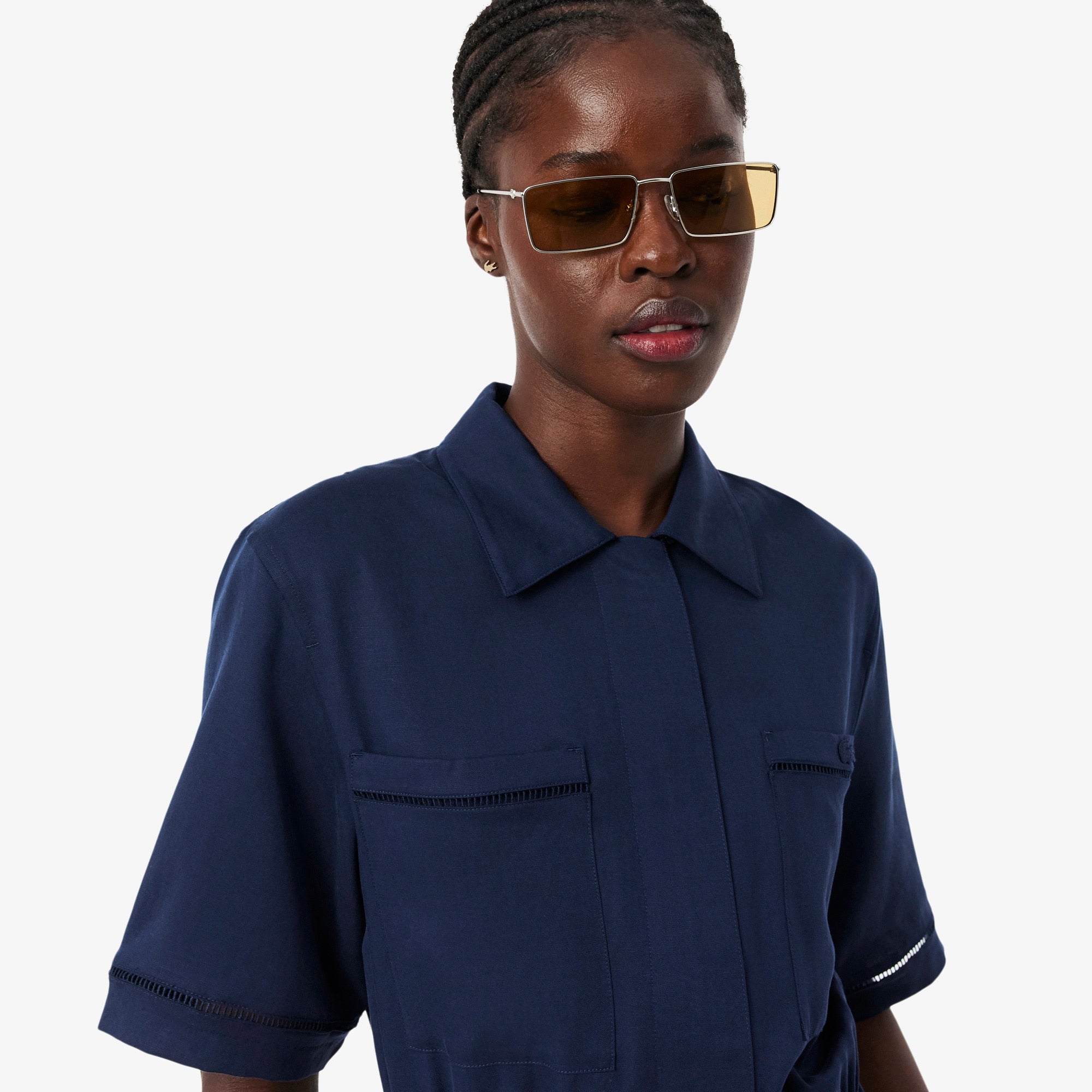 Fluid Linen Blend Shirt Dress - Navy Blue