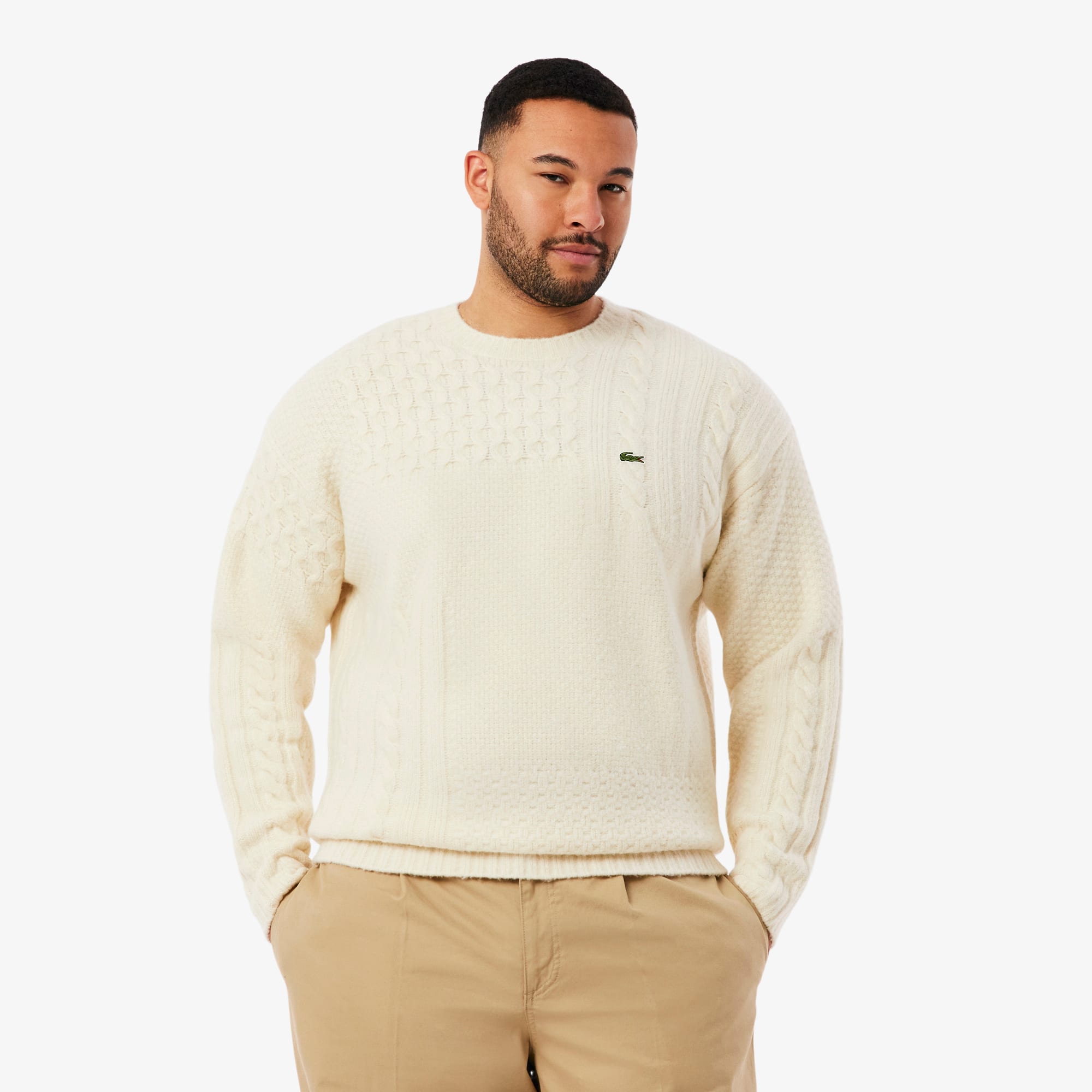 Men's Relaxed Fit Patchwork Effect Wool Sweater - Cream