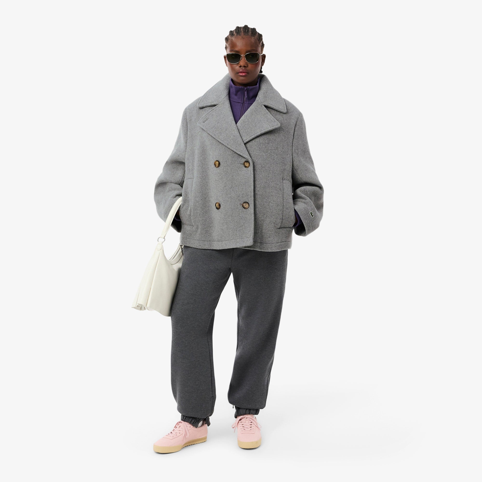 Women's Short Oversized Wool Blend Pea Coat - Grey pitch