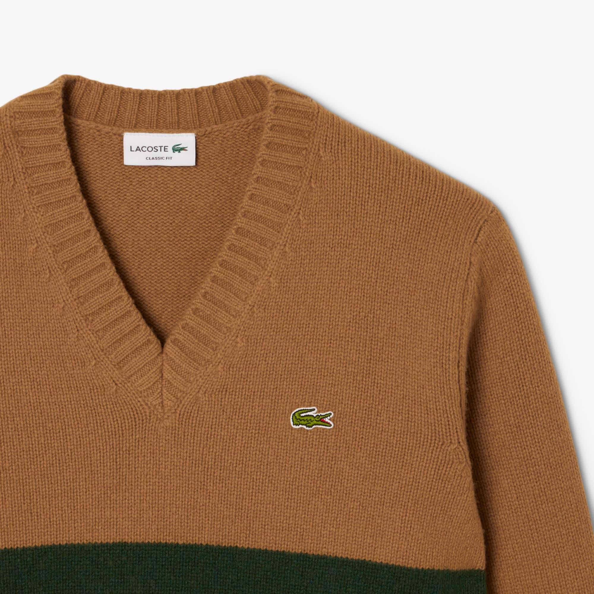 Men's Striped Wool V-Neck Sweater - Brown / Green