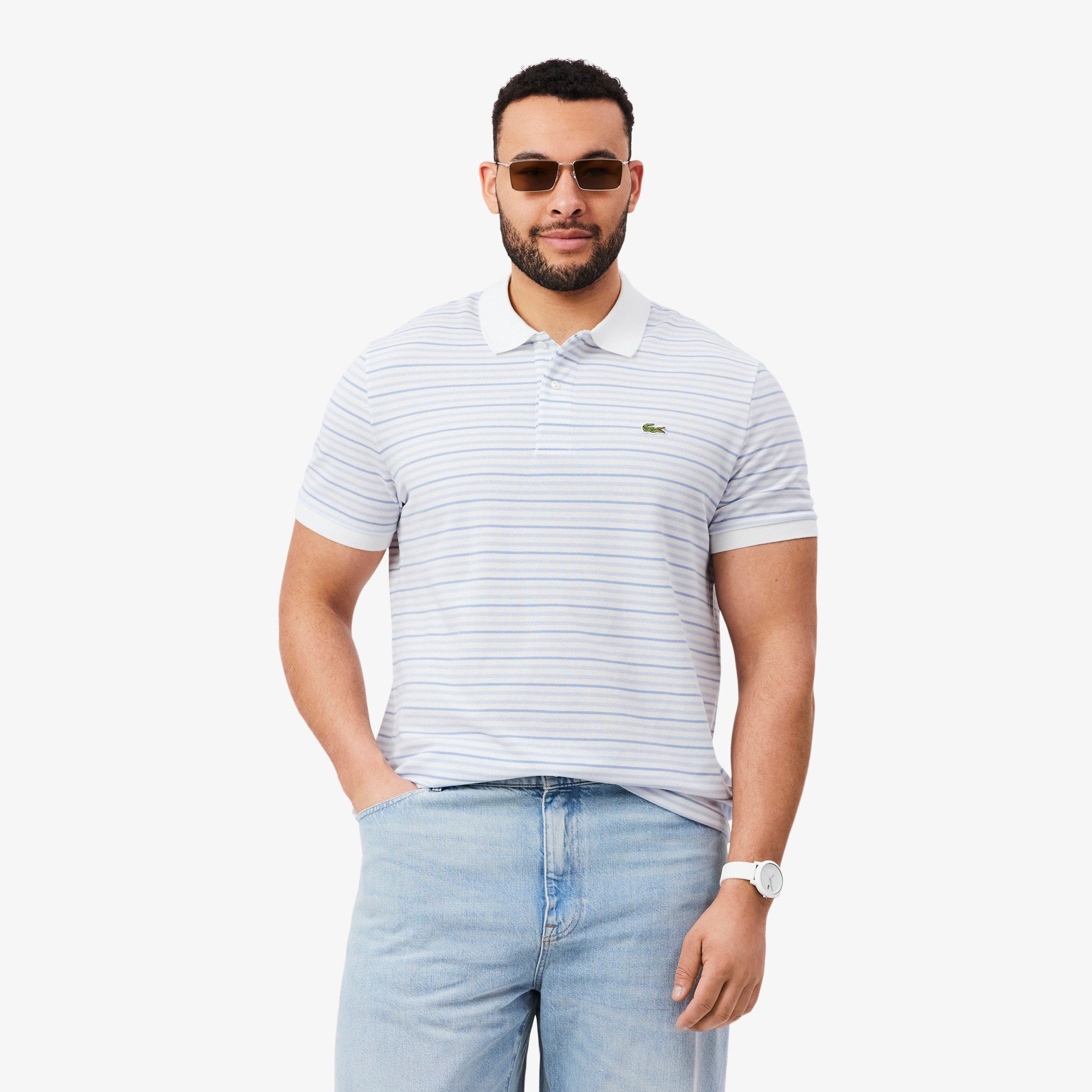 Classic Fit Striped Petit Piqué Polo - Light Blue / White