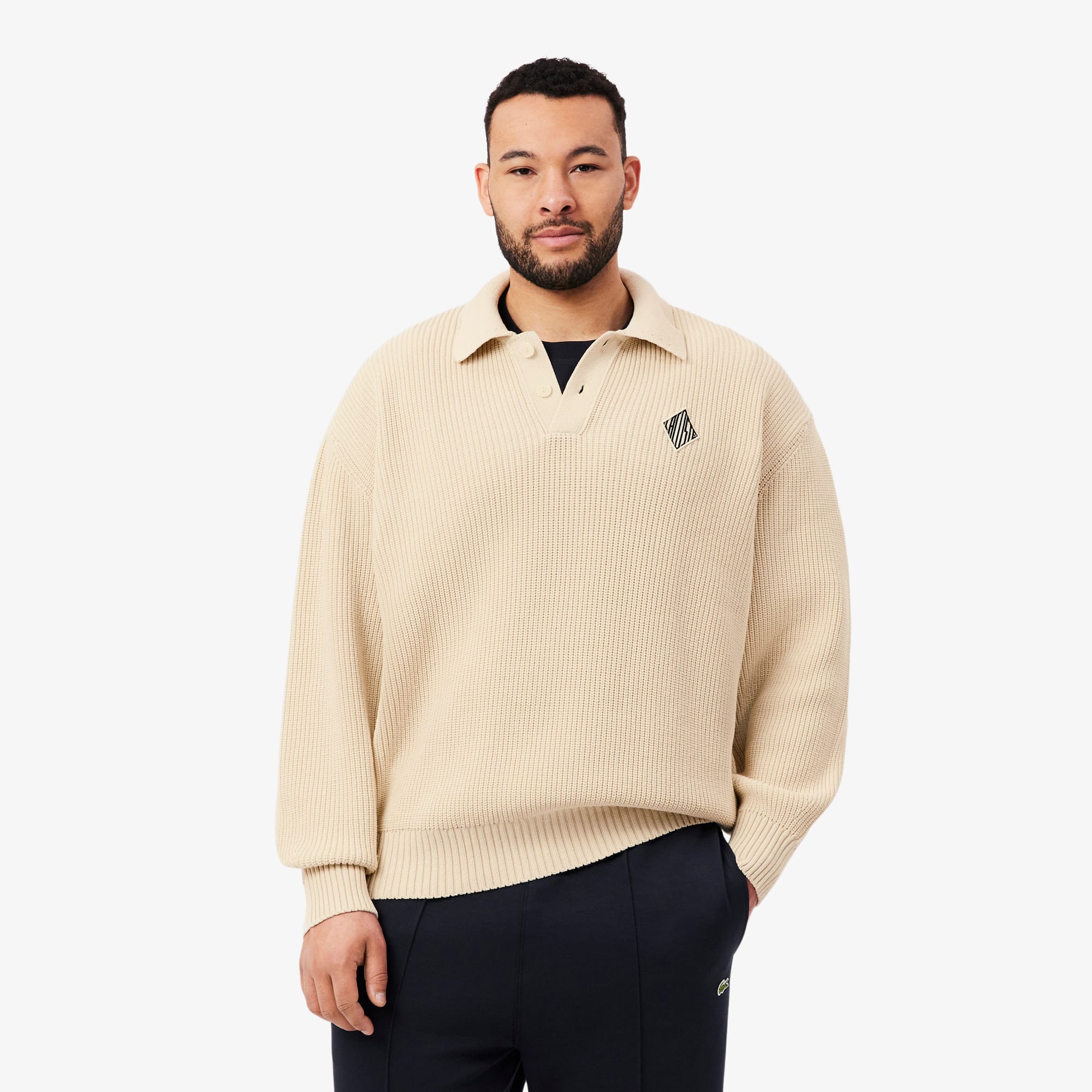 Badge Accent Pearl Rib Polo Collar Sweater - Lemon Beige