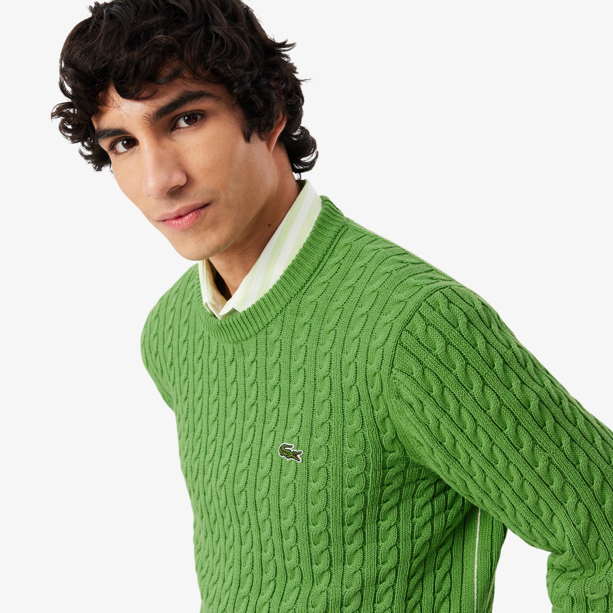 Men's Cable Knit Cotton Sweater - Vert / Blanc