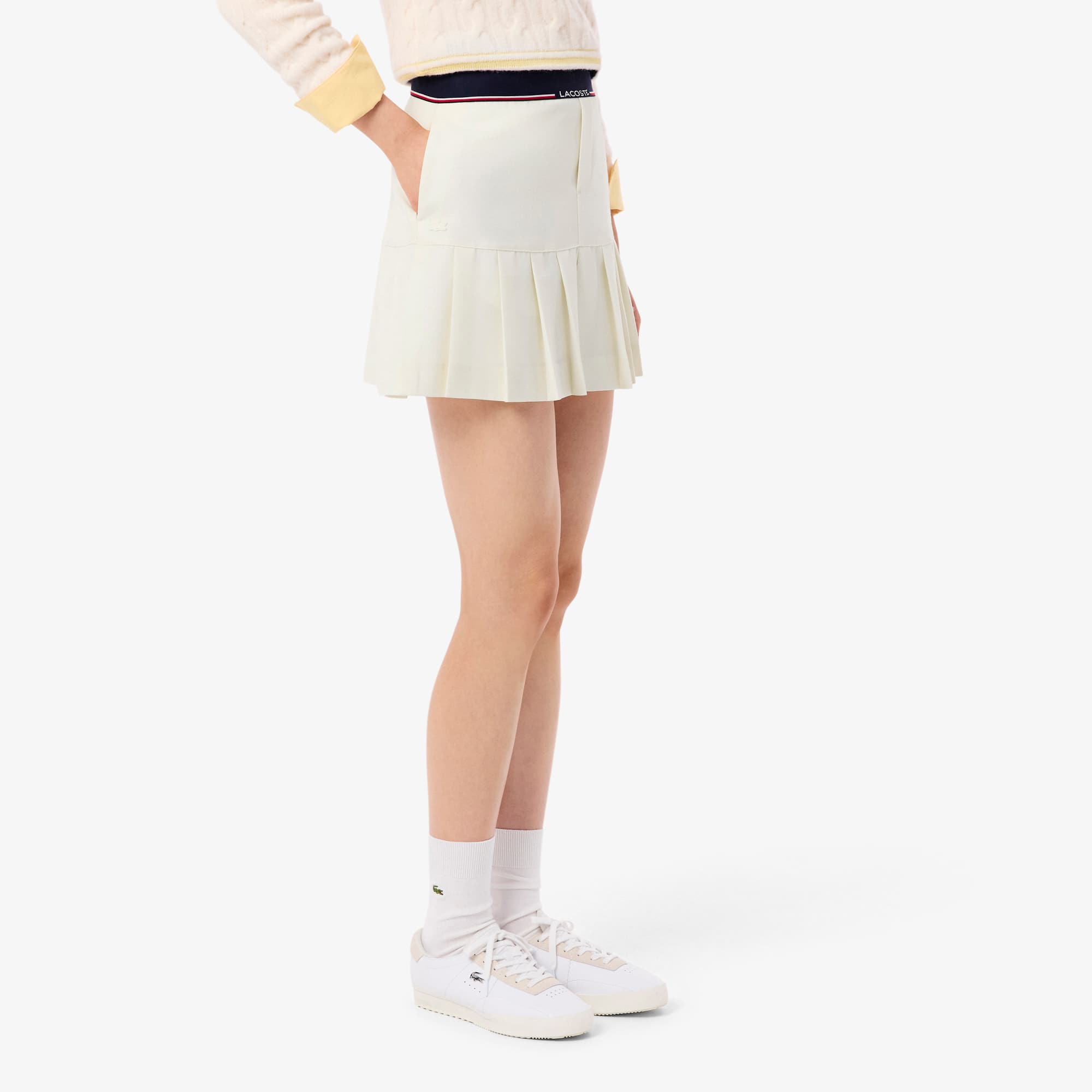 Women's Short Pleated Wool Blend Skirt - Cream