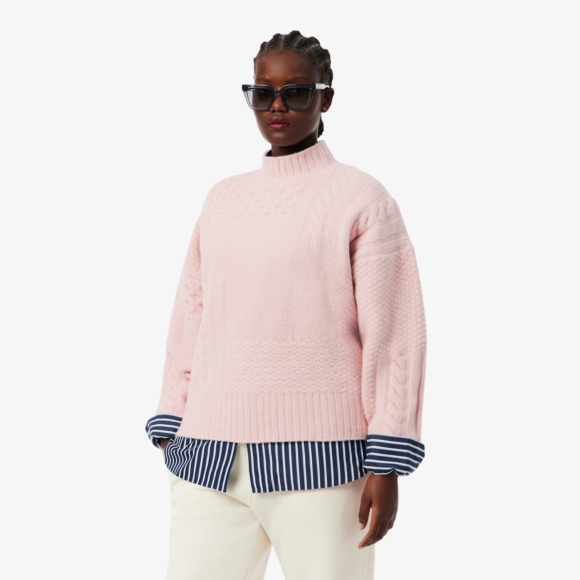 Women's Patchwork Effect High-Neck Wool Sweater - Light Pink