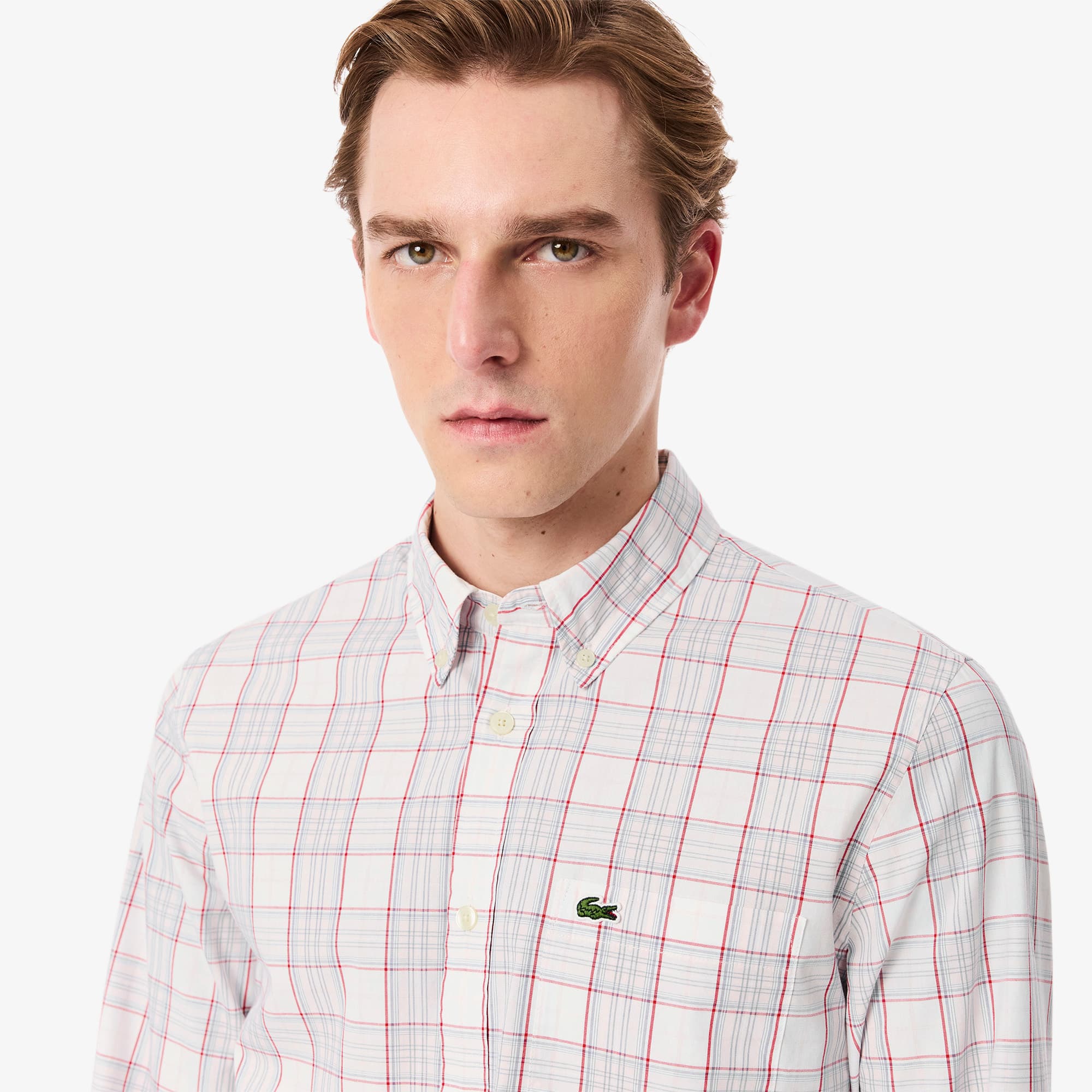 Men's Slim Fit Stretch Plaid Shirt - White / Light Pink / Red / Blue
