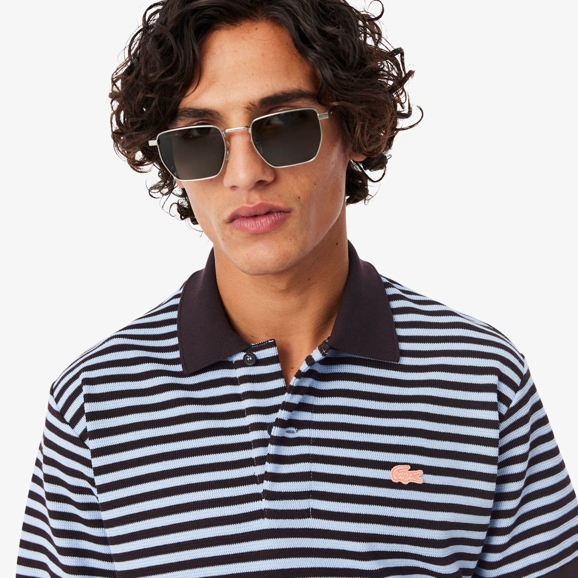 Classic Fit Textured Striped Polo - Bleu Clair / Marron