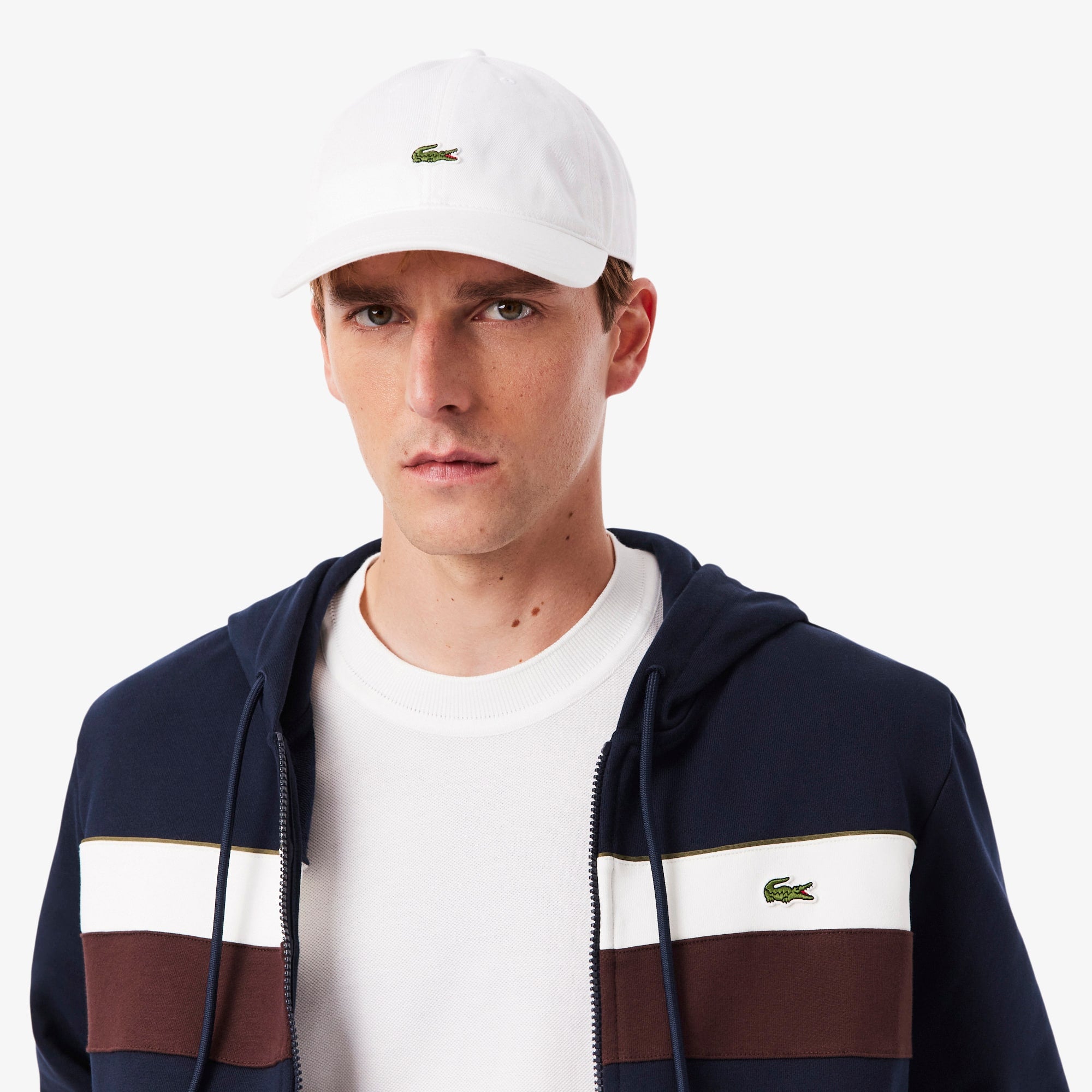 Men's Zip-Up Colorblock Hoodie - Navy Blue / White / Brown