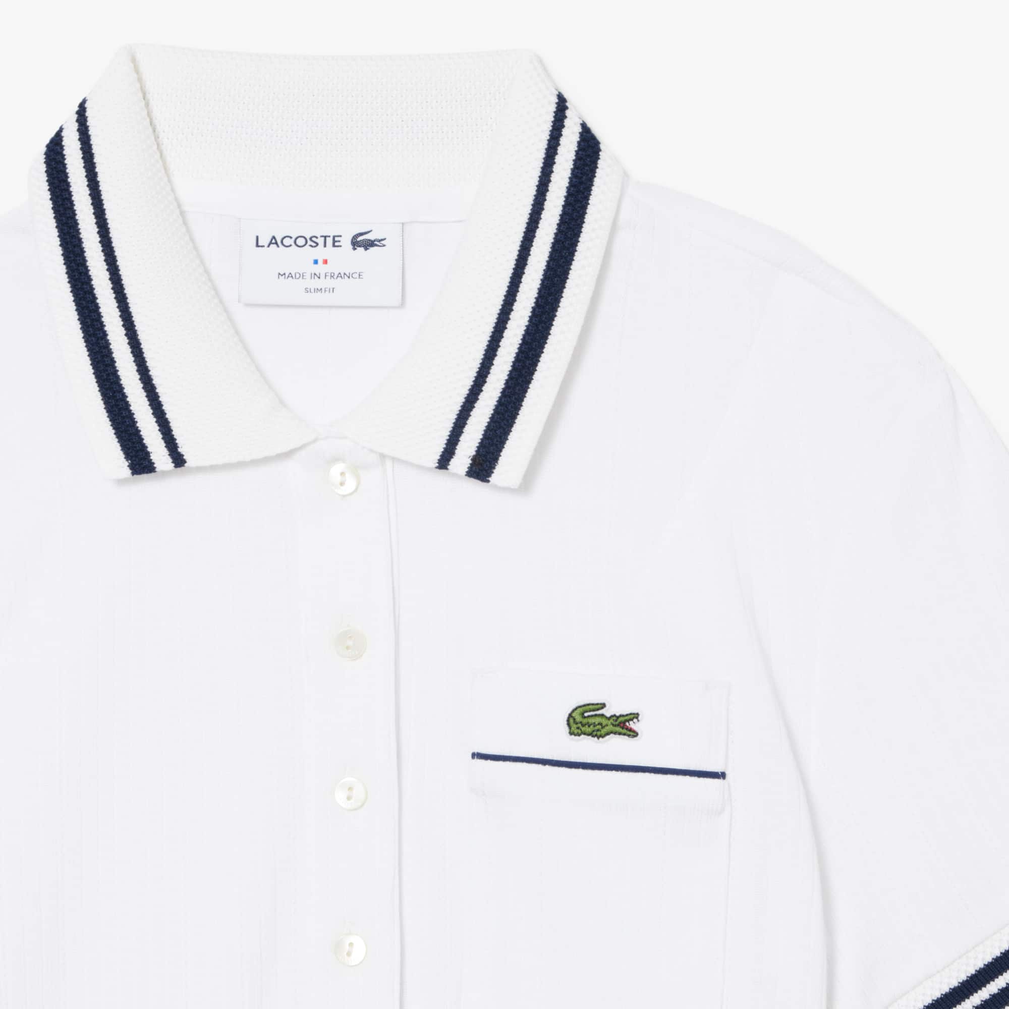 Slim Fit French Made Ribbed Polo - White / Navy Blue