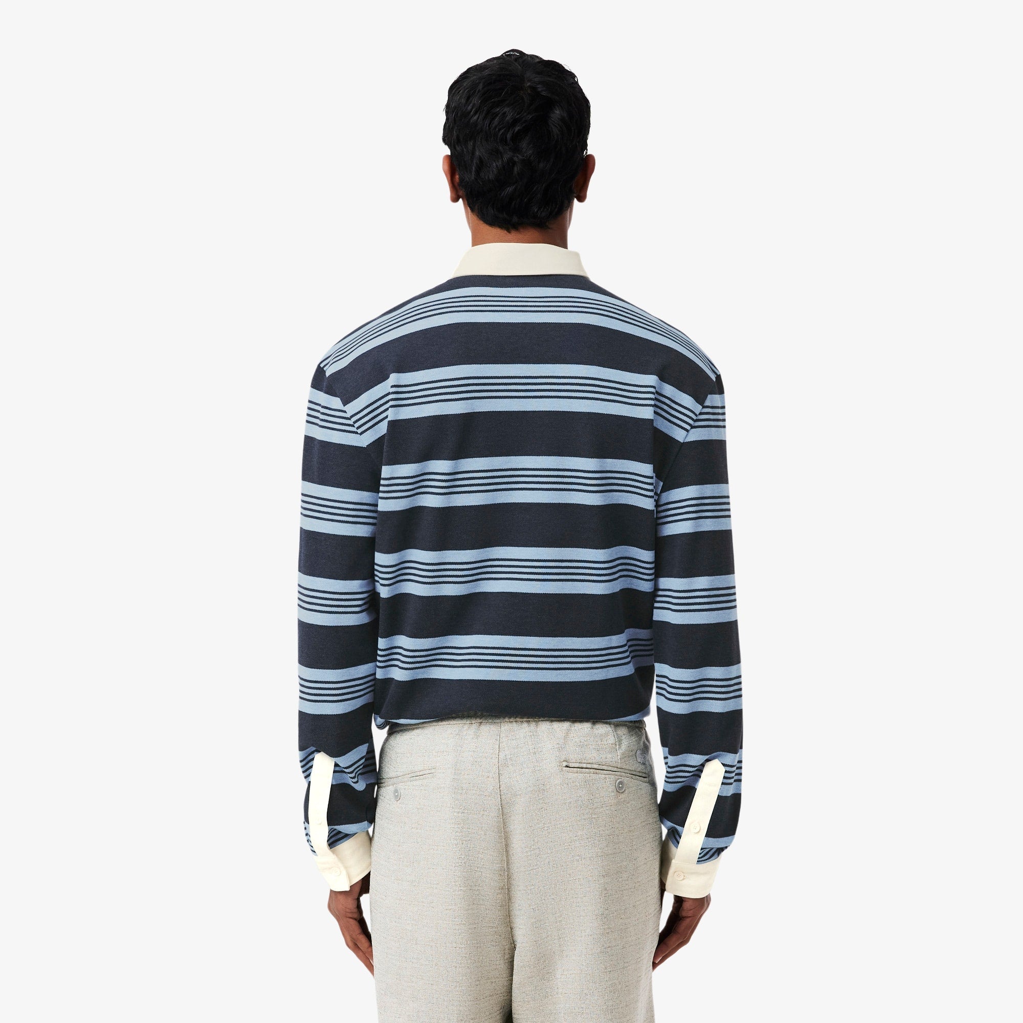 Relaxed Fit Striped Piqué Rugby Polo - Bleu Chine / Gris Chine