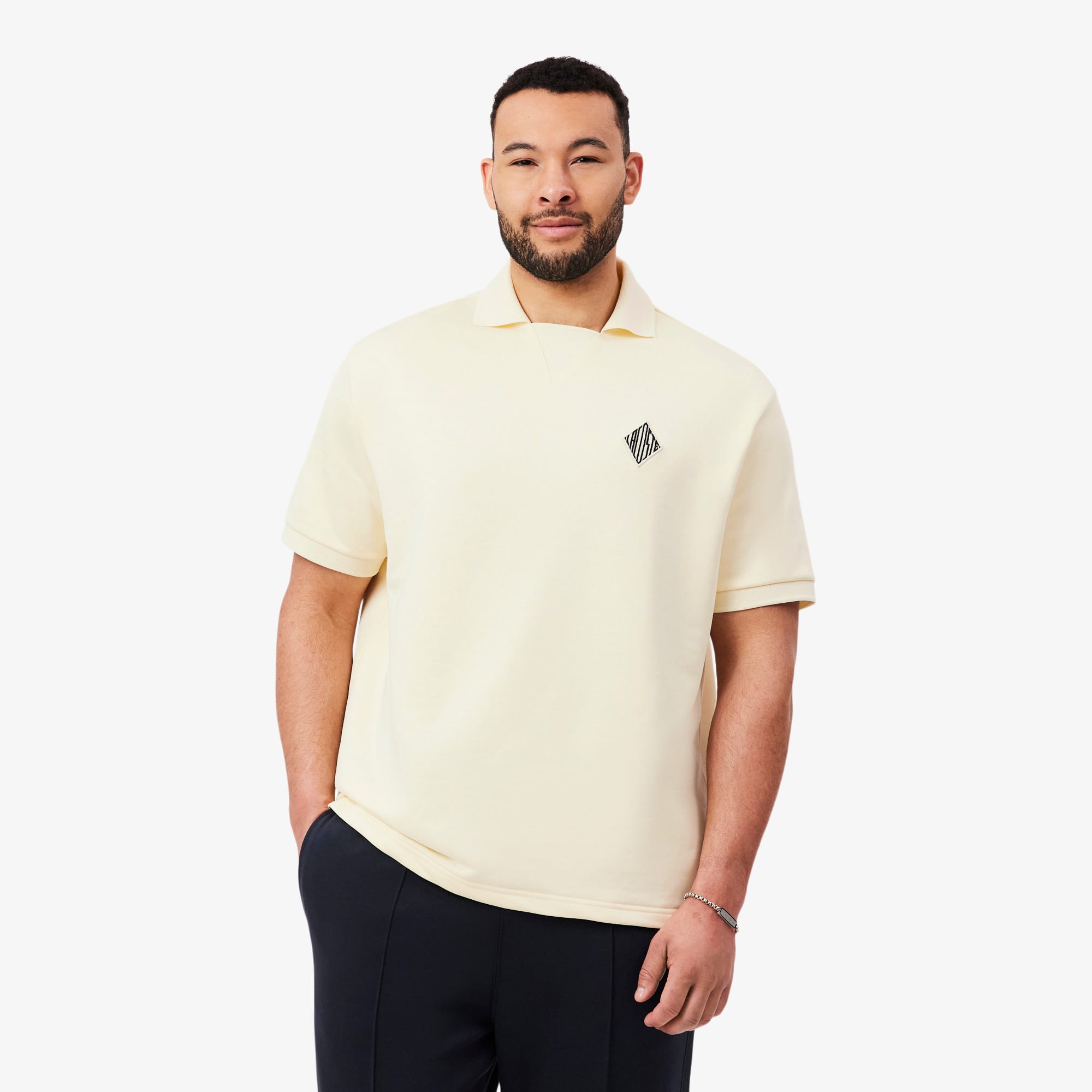 Loose Fit Badge Accent Fleece Polo - Lemon Beige