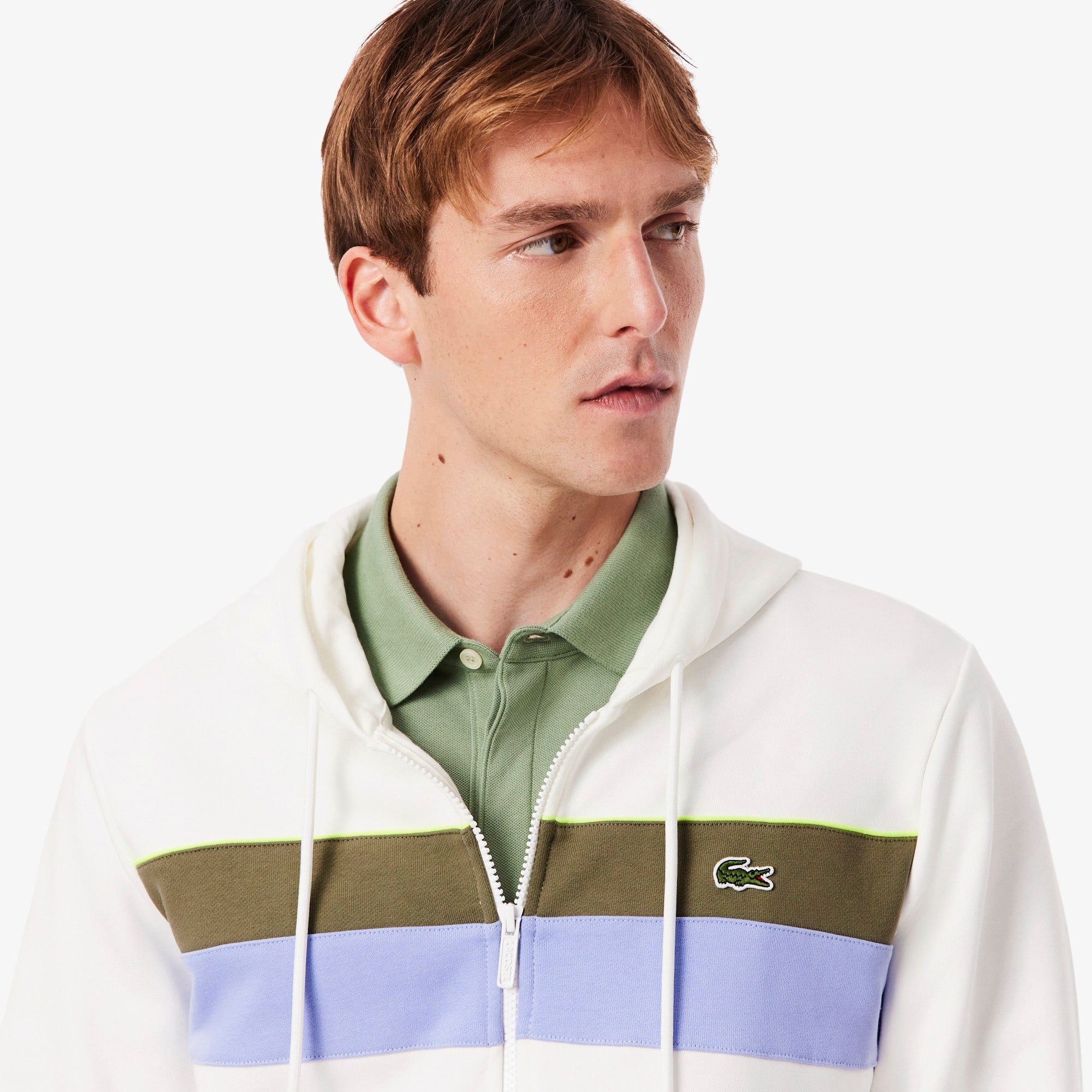 Men's Zip-Up Colorblock Hoodie - White / Khaki Green / Purple