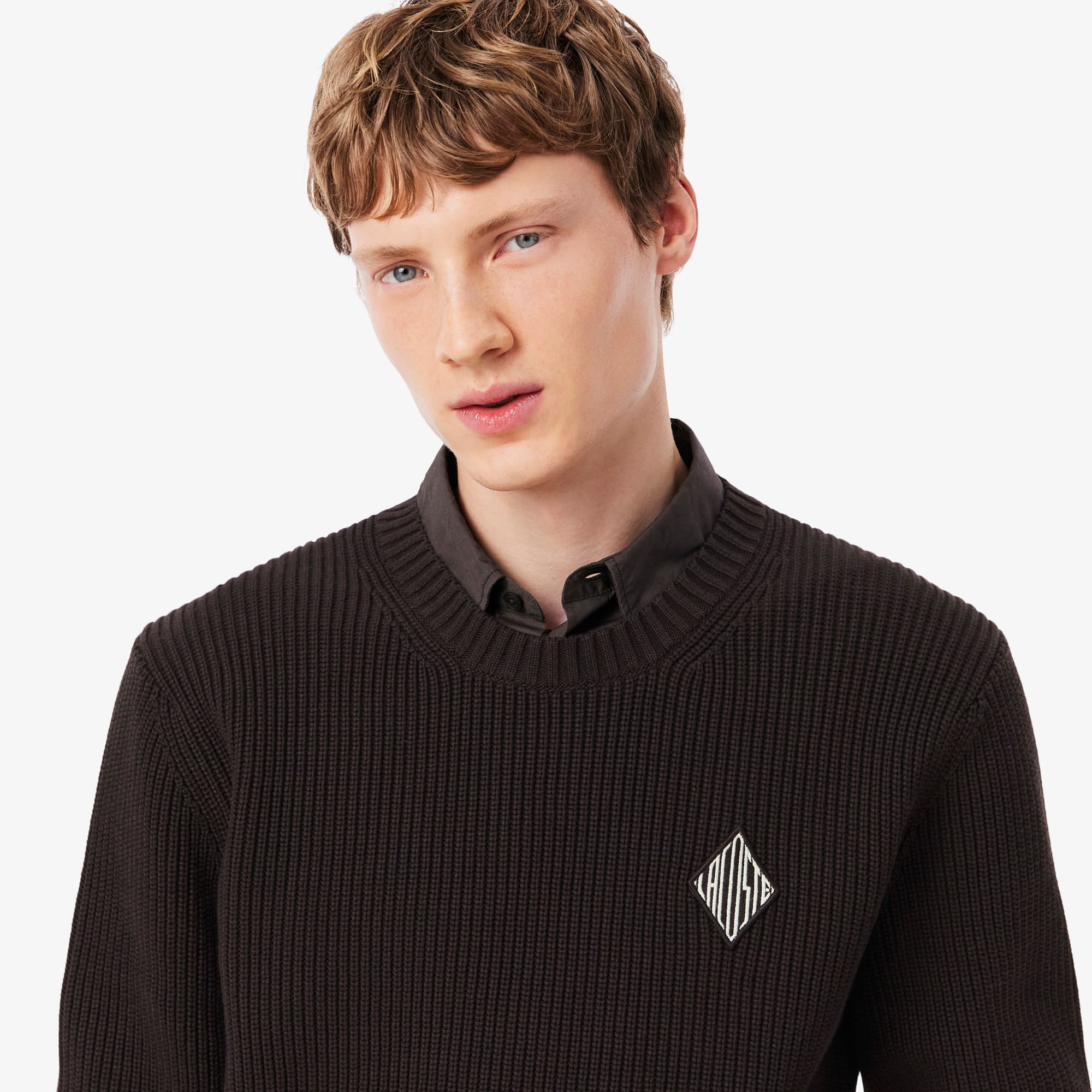 Pearl Rib Knit Badge Accent Sweater - Brown