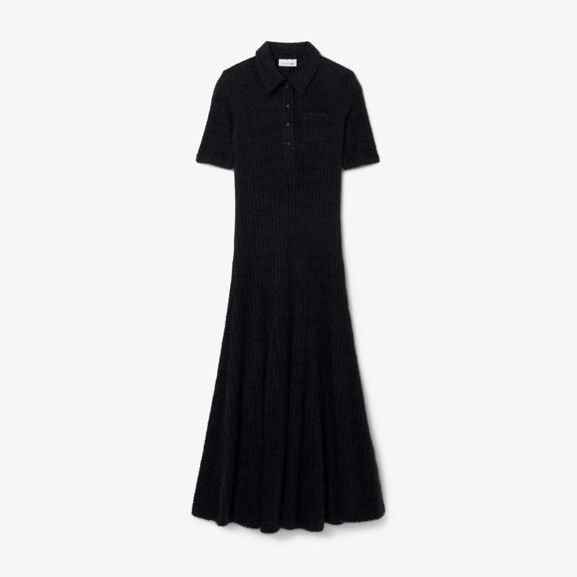 Women's Fuzzy Ribbed Knit Polo Collar Dress - Black