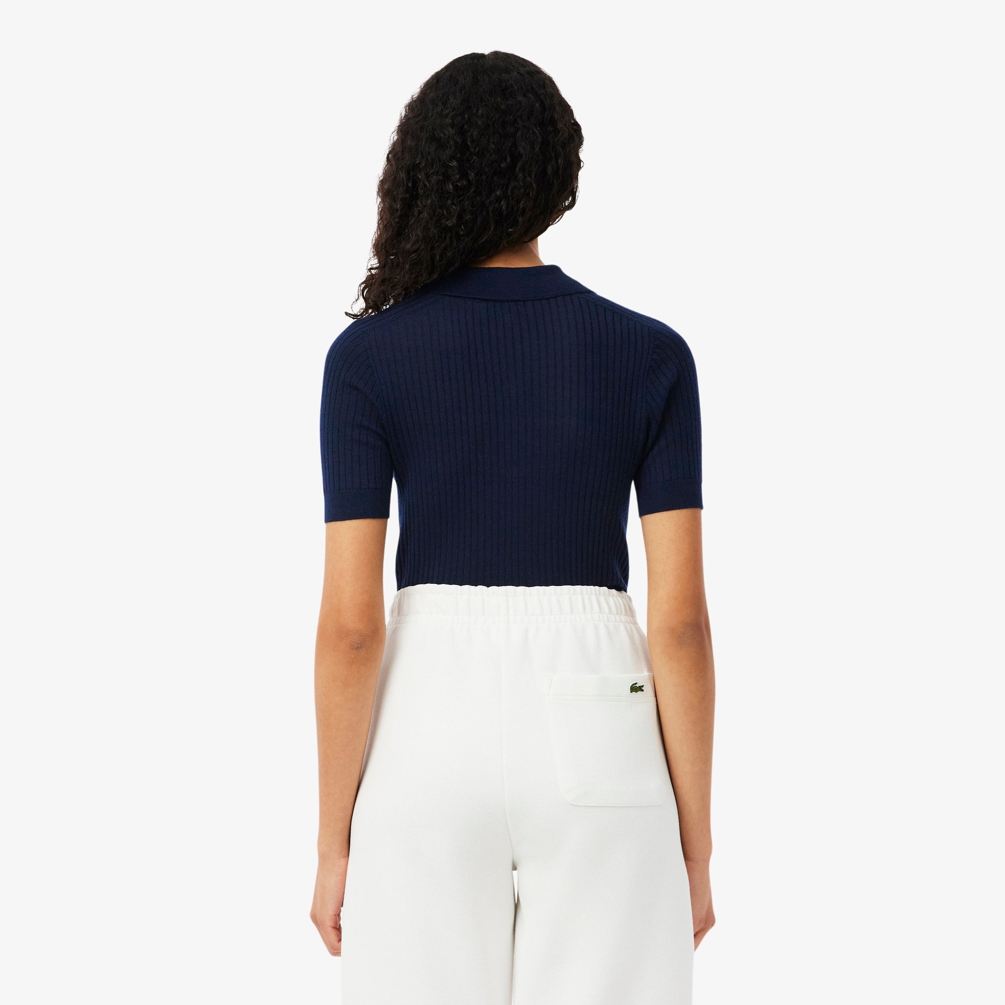 3D Rib Knit Polo Collar Merino Wool Sweater - Navy Blue