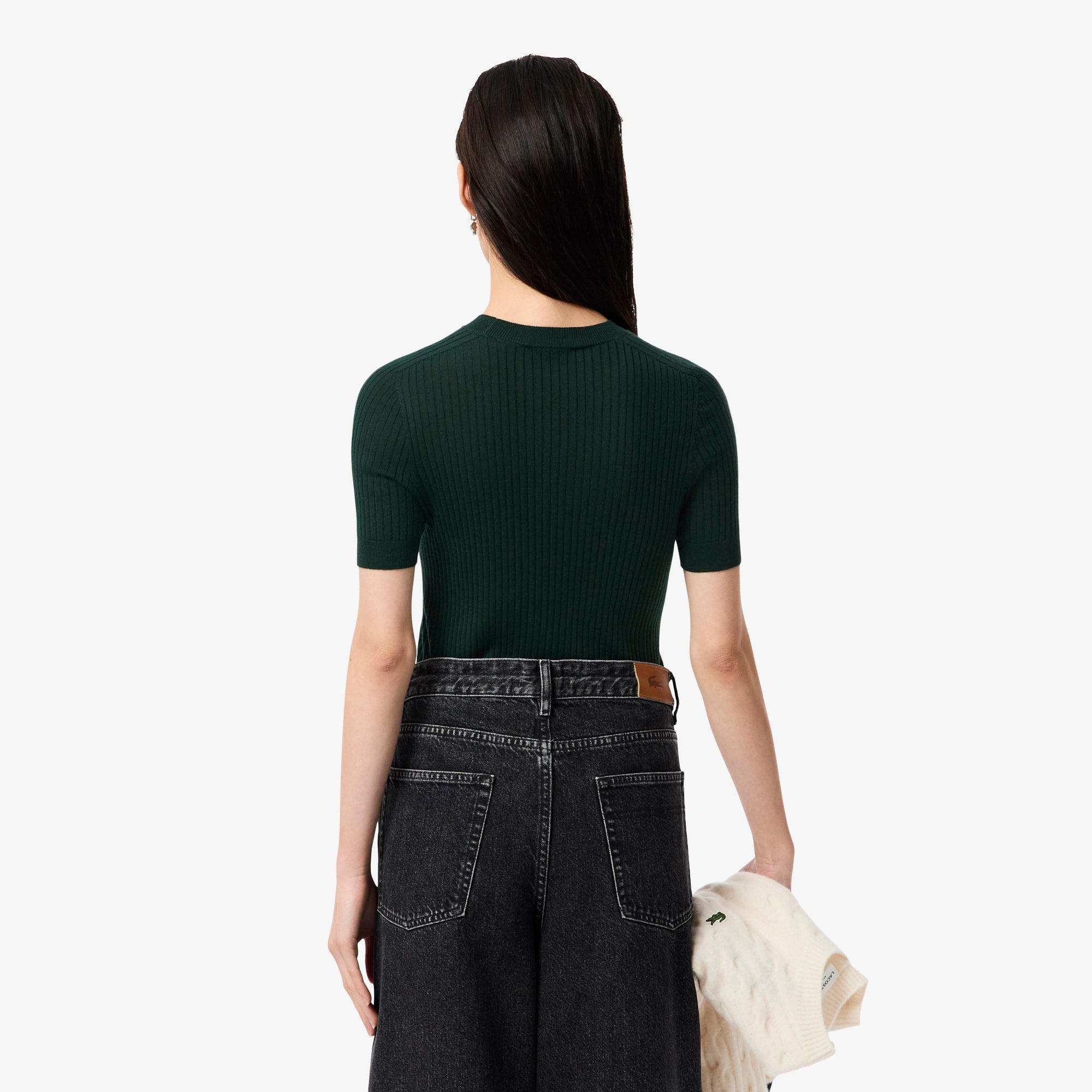 Women's Short Sleeve Merino Wool Rib Knit Sweater - Forest green