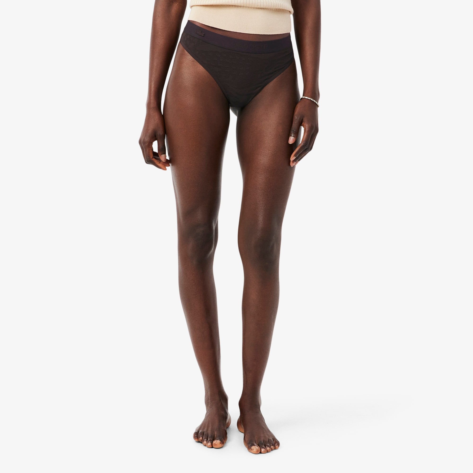 Logo Waist Mesh String Briefs - Brown