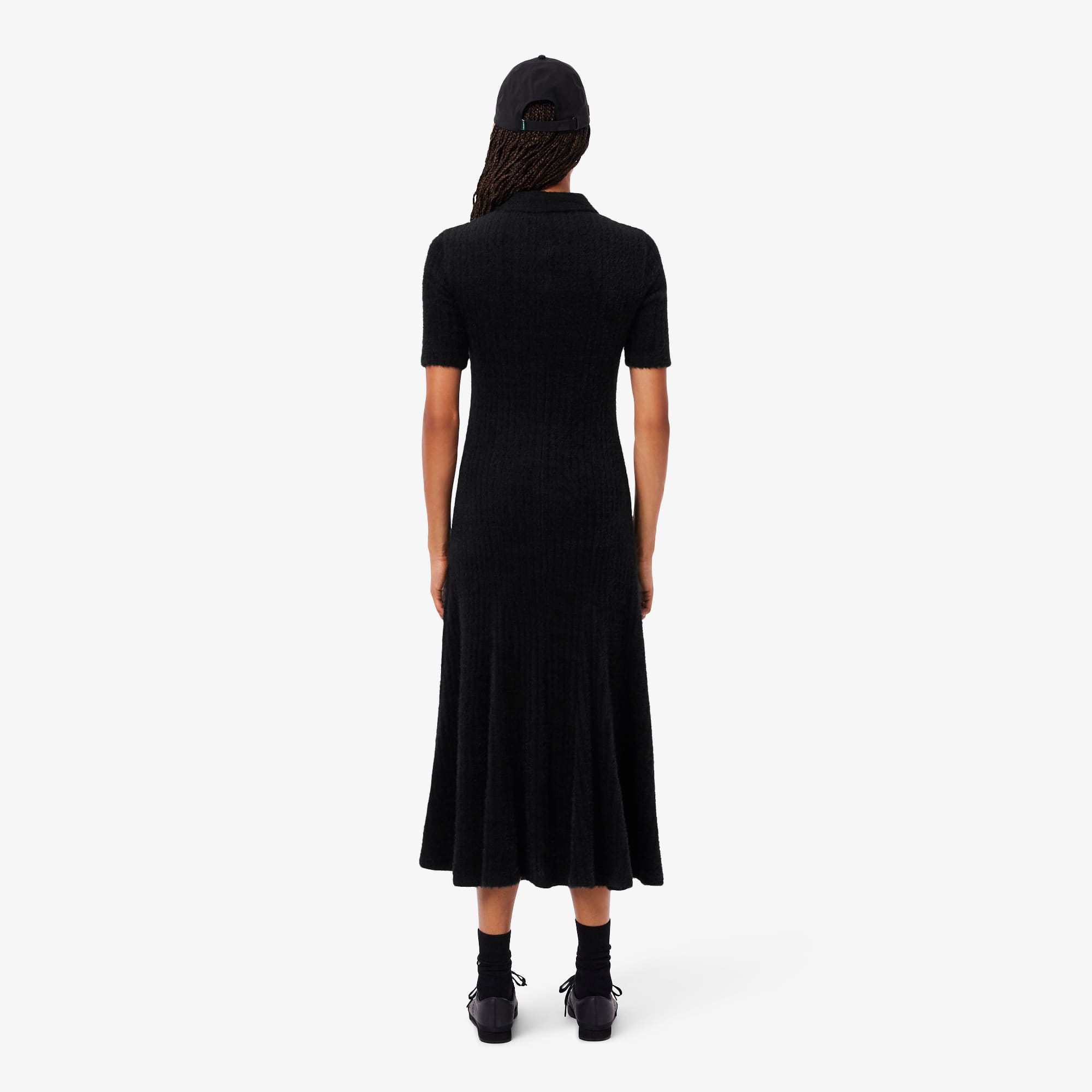 Women's Fuzzy Ribbed Knit Polo Collar Dress - Black