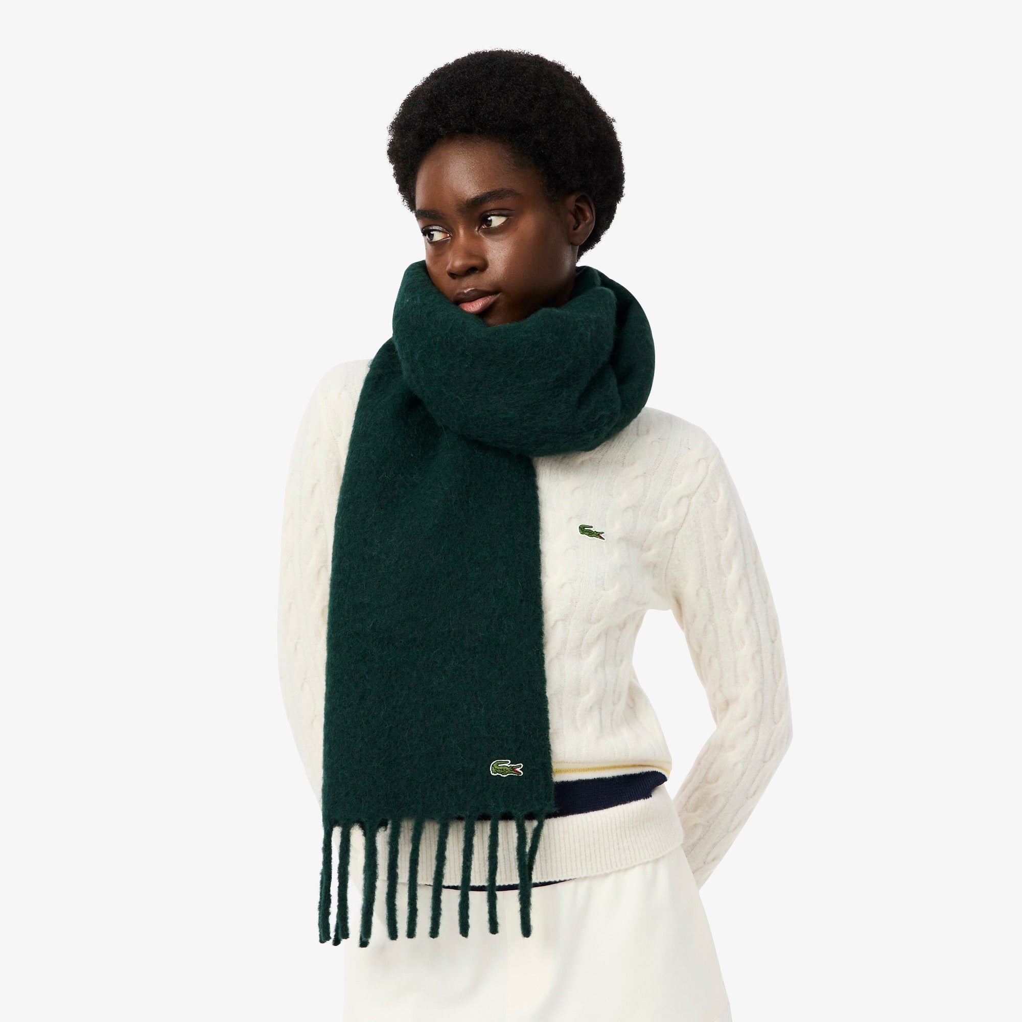 Women's Alpaca Blend Fringed Scarf - Forest green