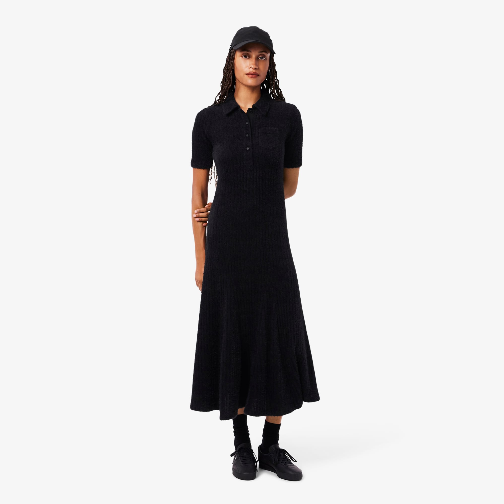 Women's Fuzzy Ribbed Knit Polo Collar Dress - Black