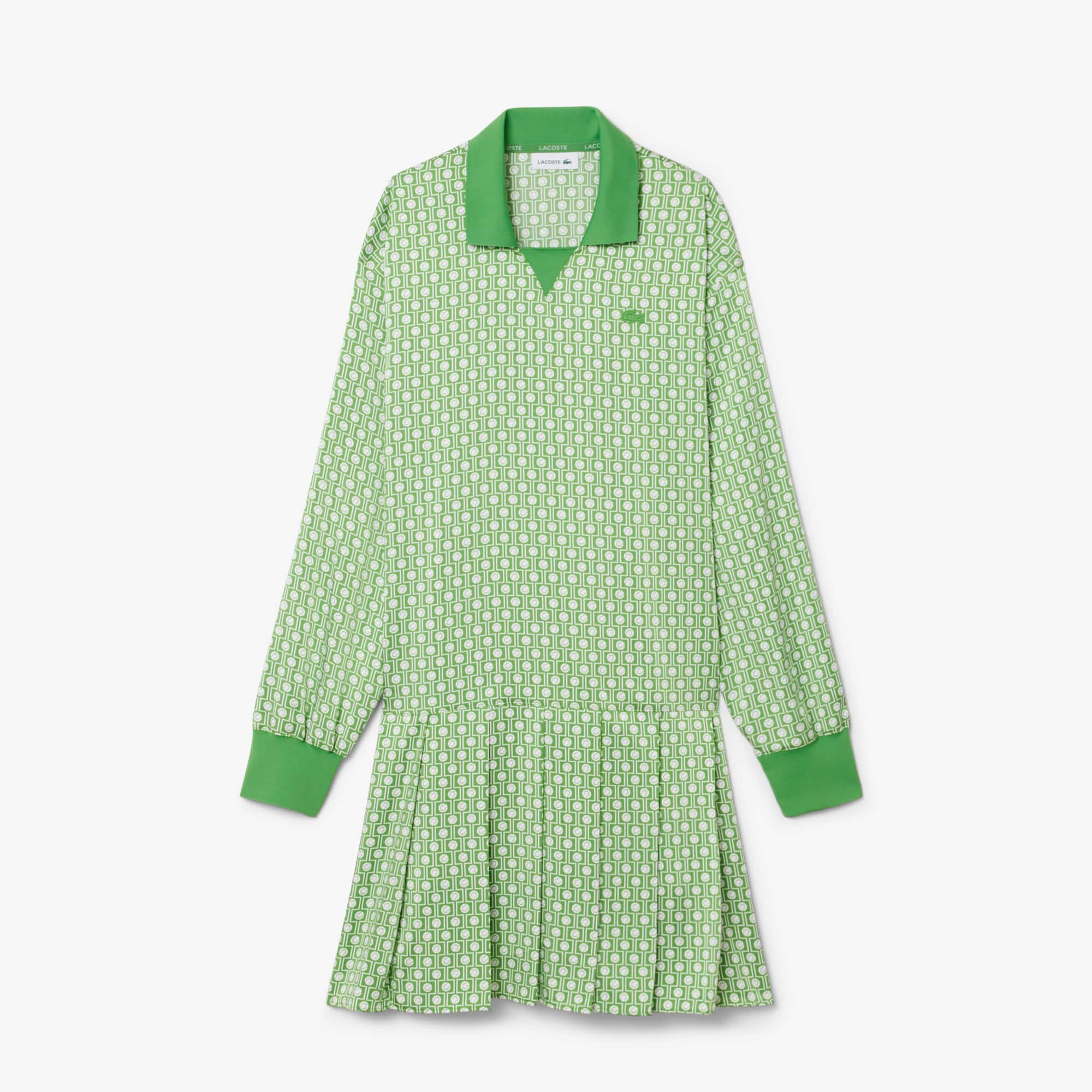 Pleated Satin Polo Dress - Vert / Blanc