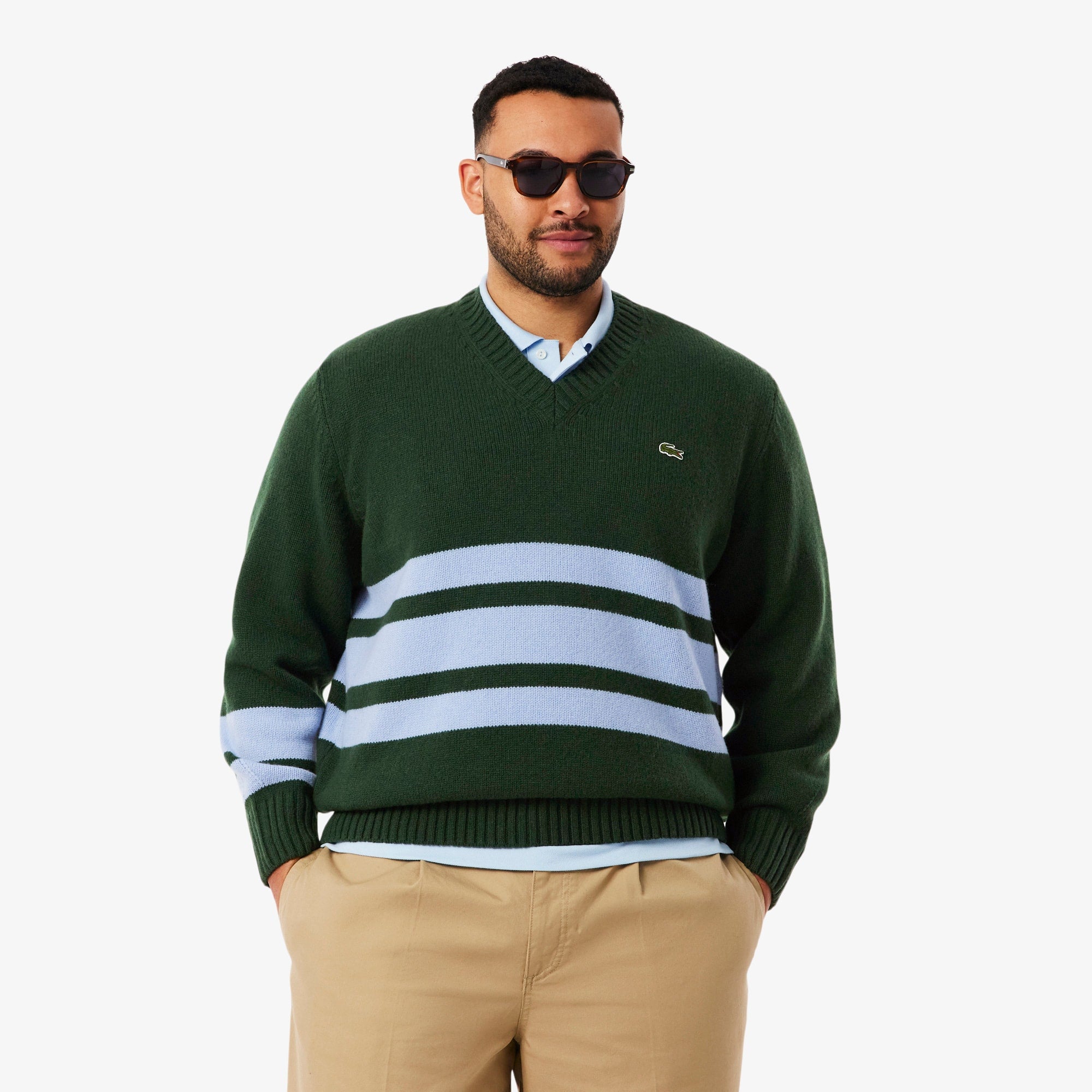 Men's Striped Wool V-Neck Sweater - Vert / Bleu