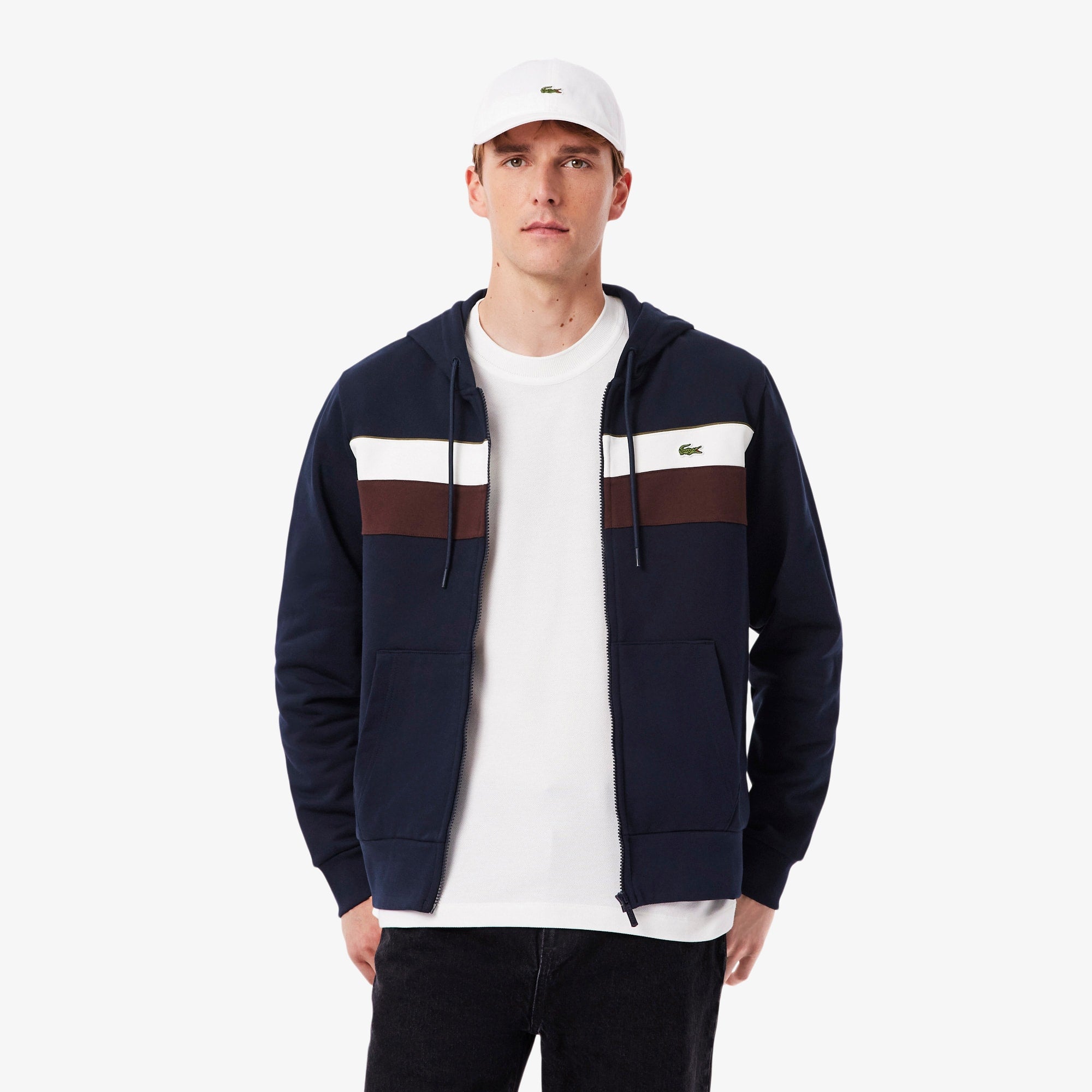 Men's Zip-Up Colorblock Hoodie - Navy Blue / White / Brown