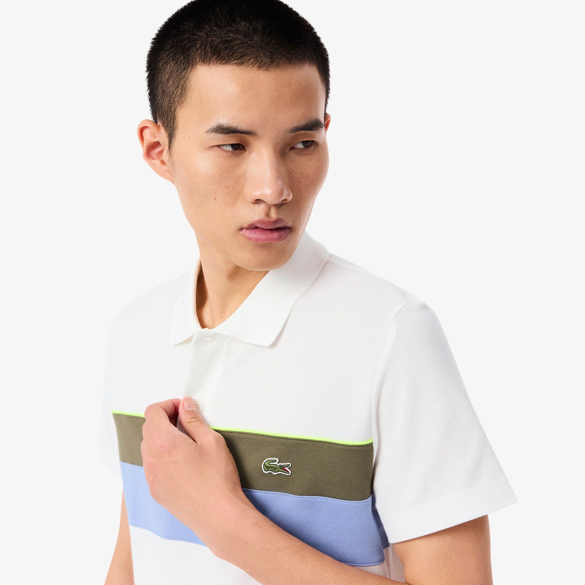 Men's Regular Fit Colorblock Petit Piqué Polo - White / Khaki Green / Purple