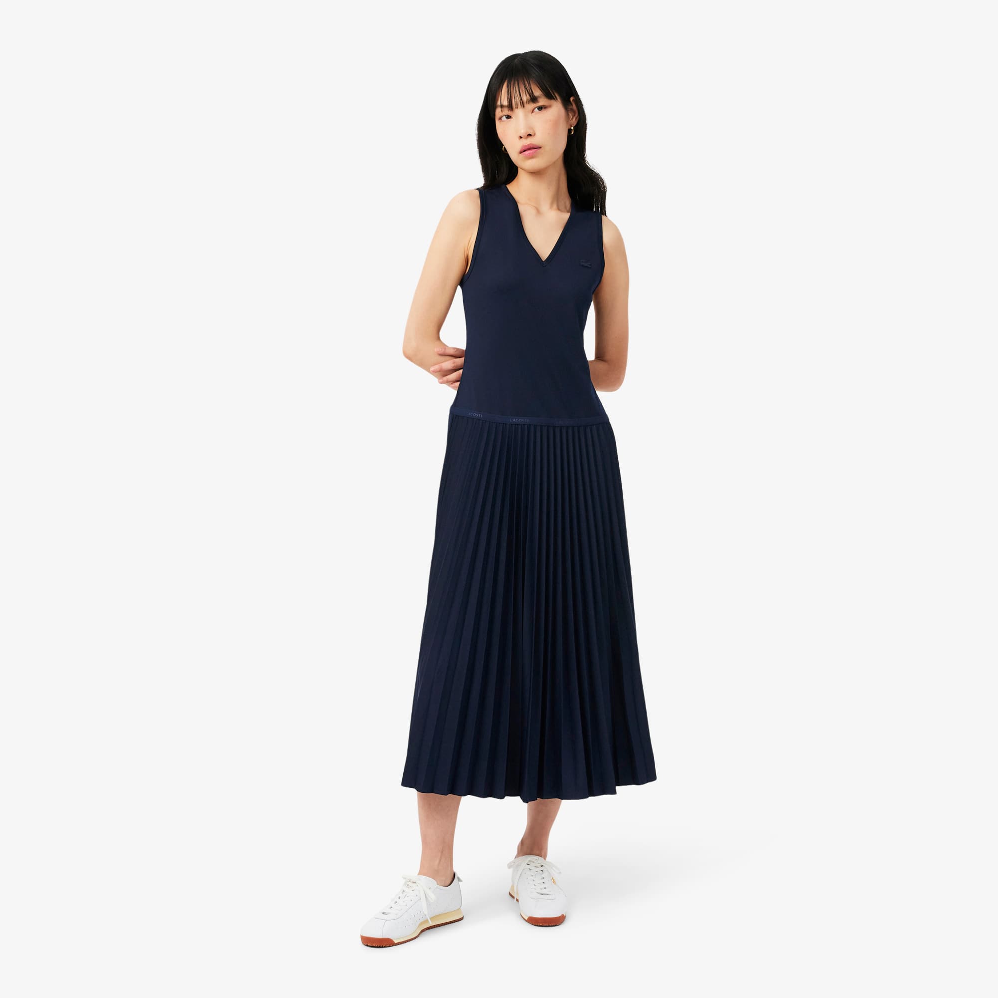 Long Sleeveless Pleated Dress - Navy Blue