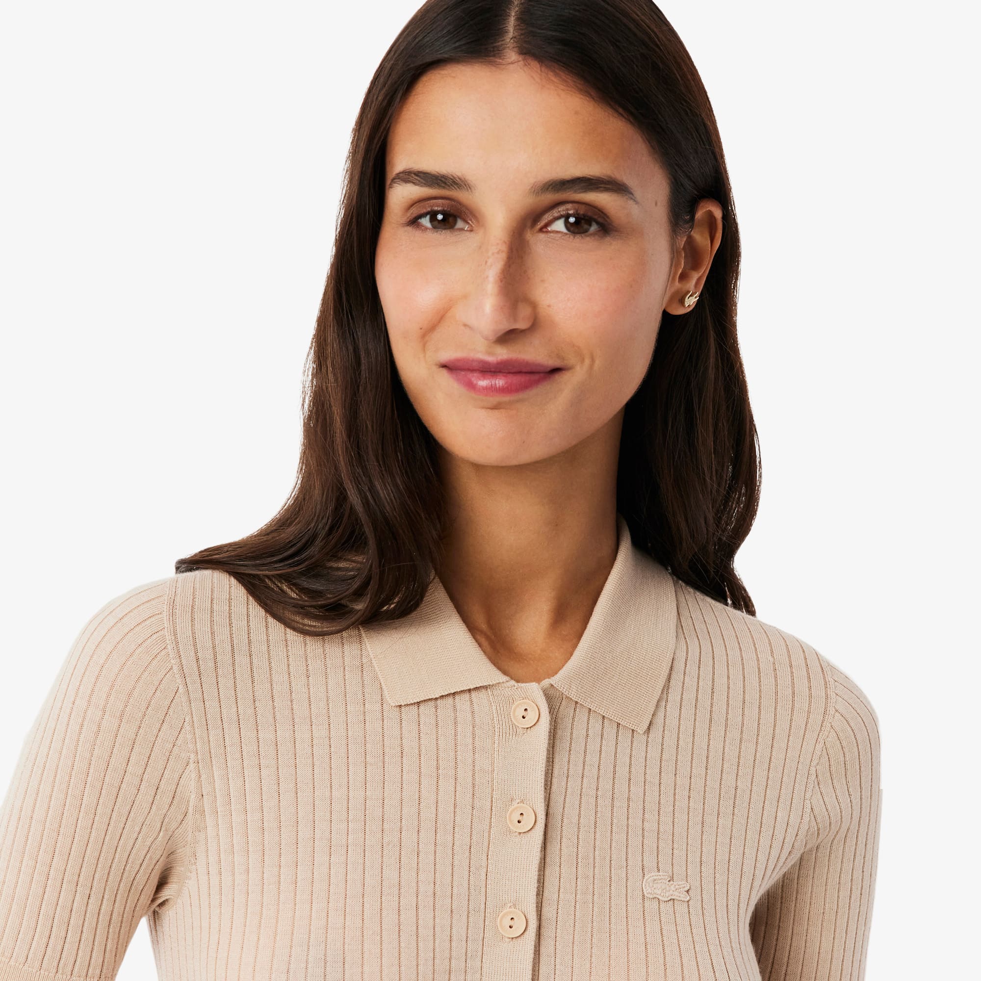 3D Rib Knit Polo Collar Merino Wool Sweater - Beige
