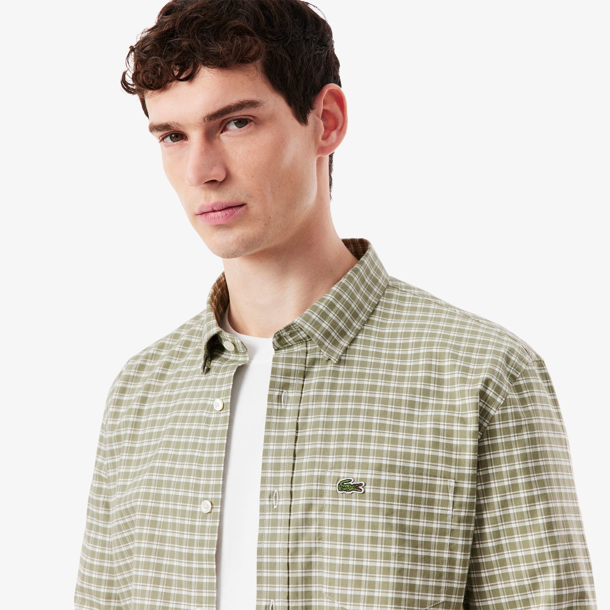 Men's Regular Fit Stretch Plaid Shirt - White / Khaki Green