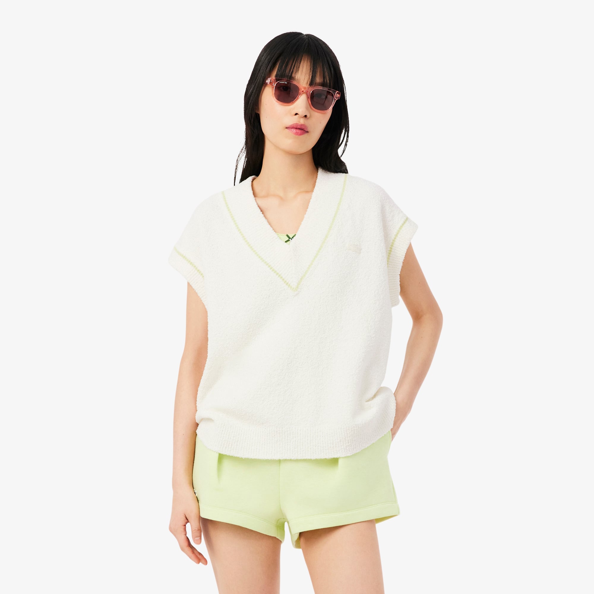 Cotton Blend V-neck Sleeveless Sweater Vest - White