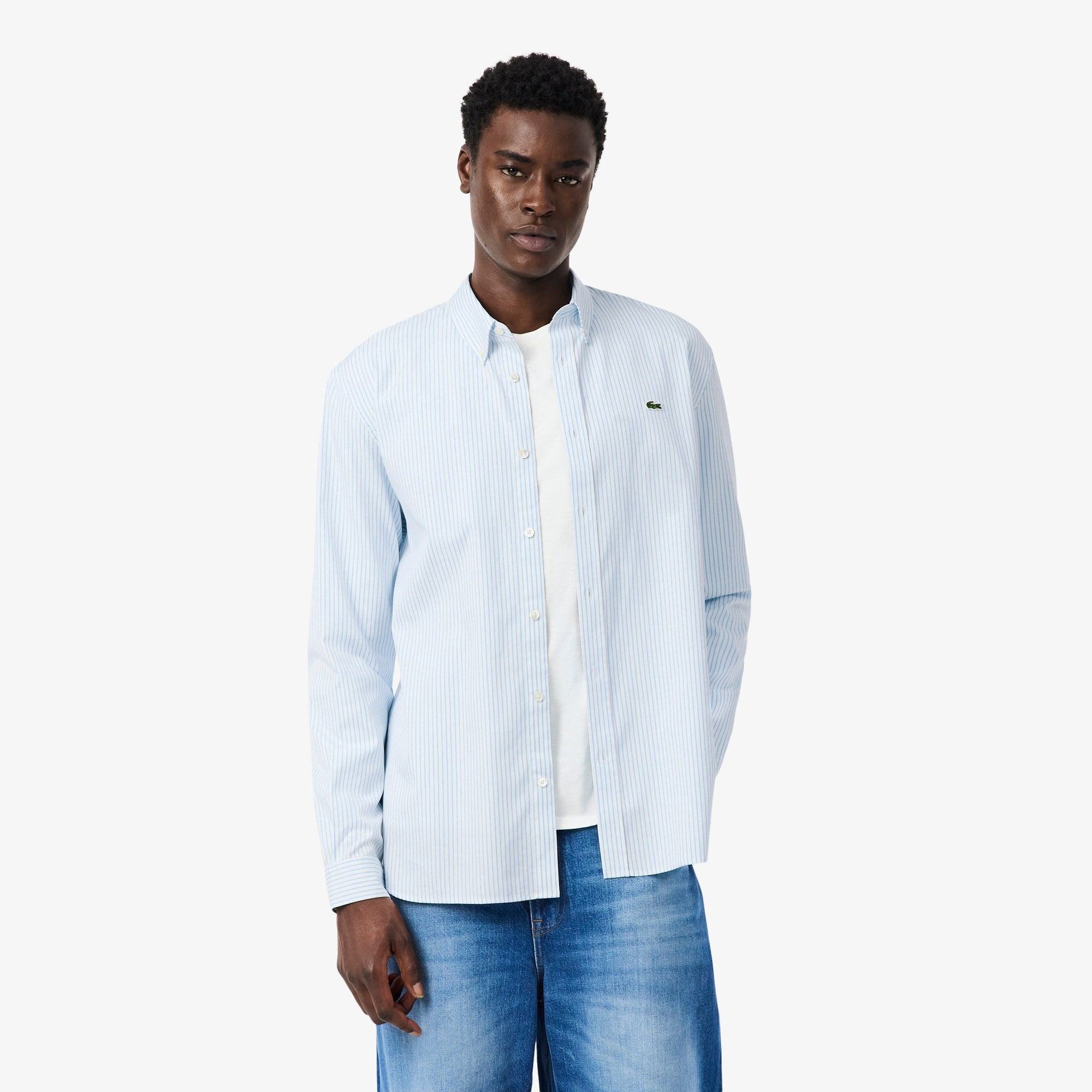 Men's Regular Fit Striped Pinpoint Shirt - White / Light Blue