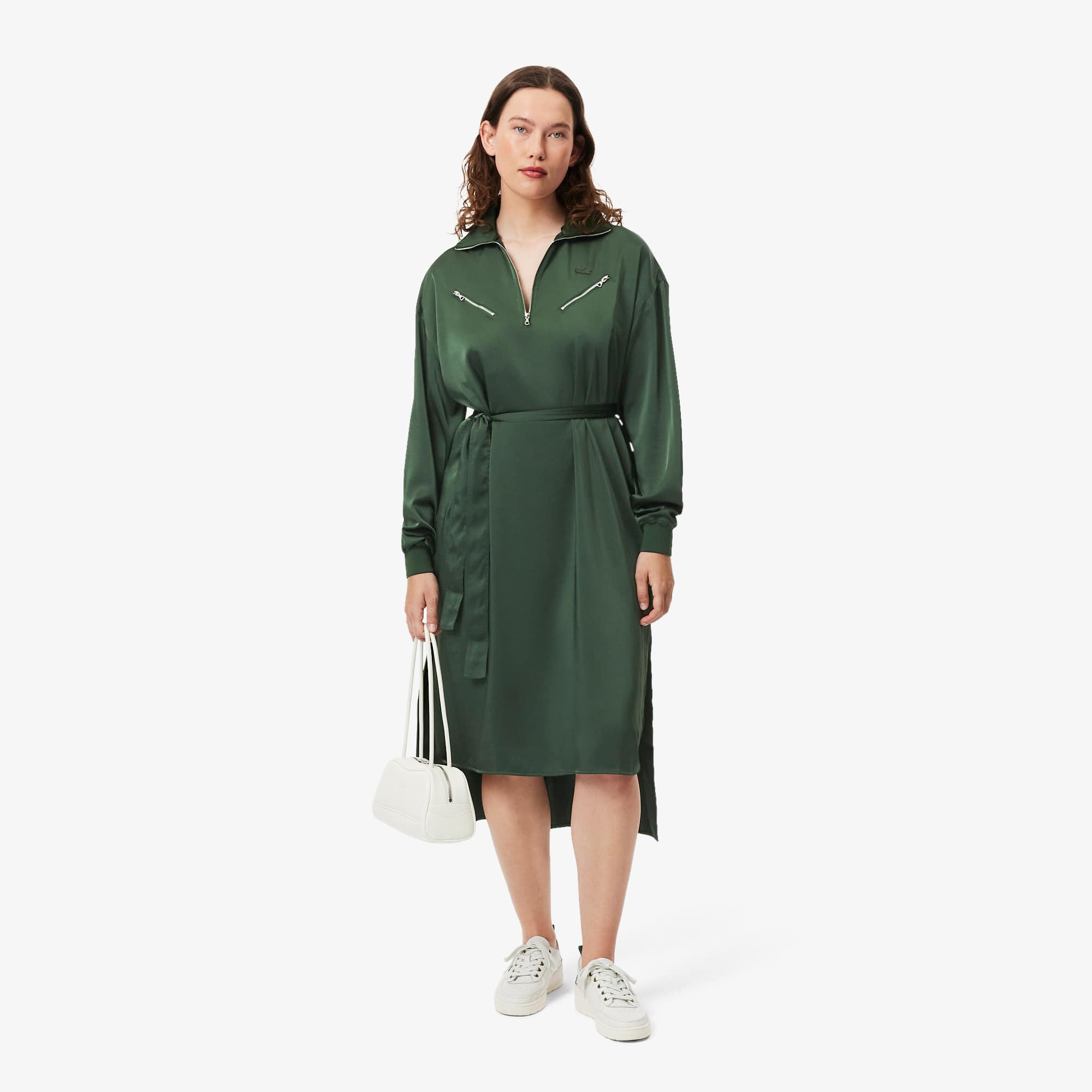 Women's Long Sleeve Belted Dress - Khaki Green
