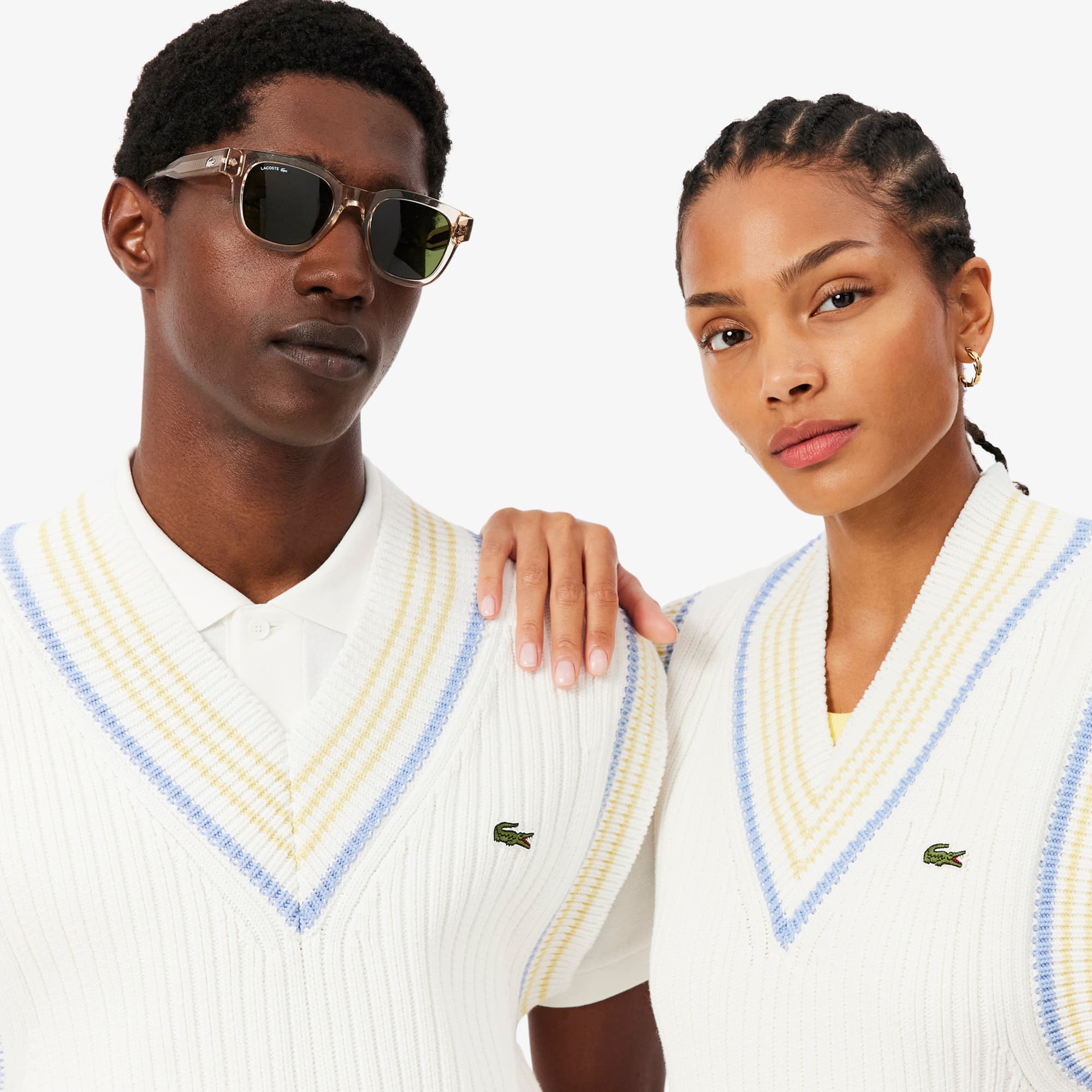 Striped Rib Knit Cotton Sweater Vest - Blanc / Bleu Clair / Jaune