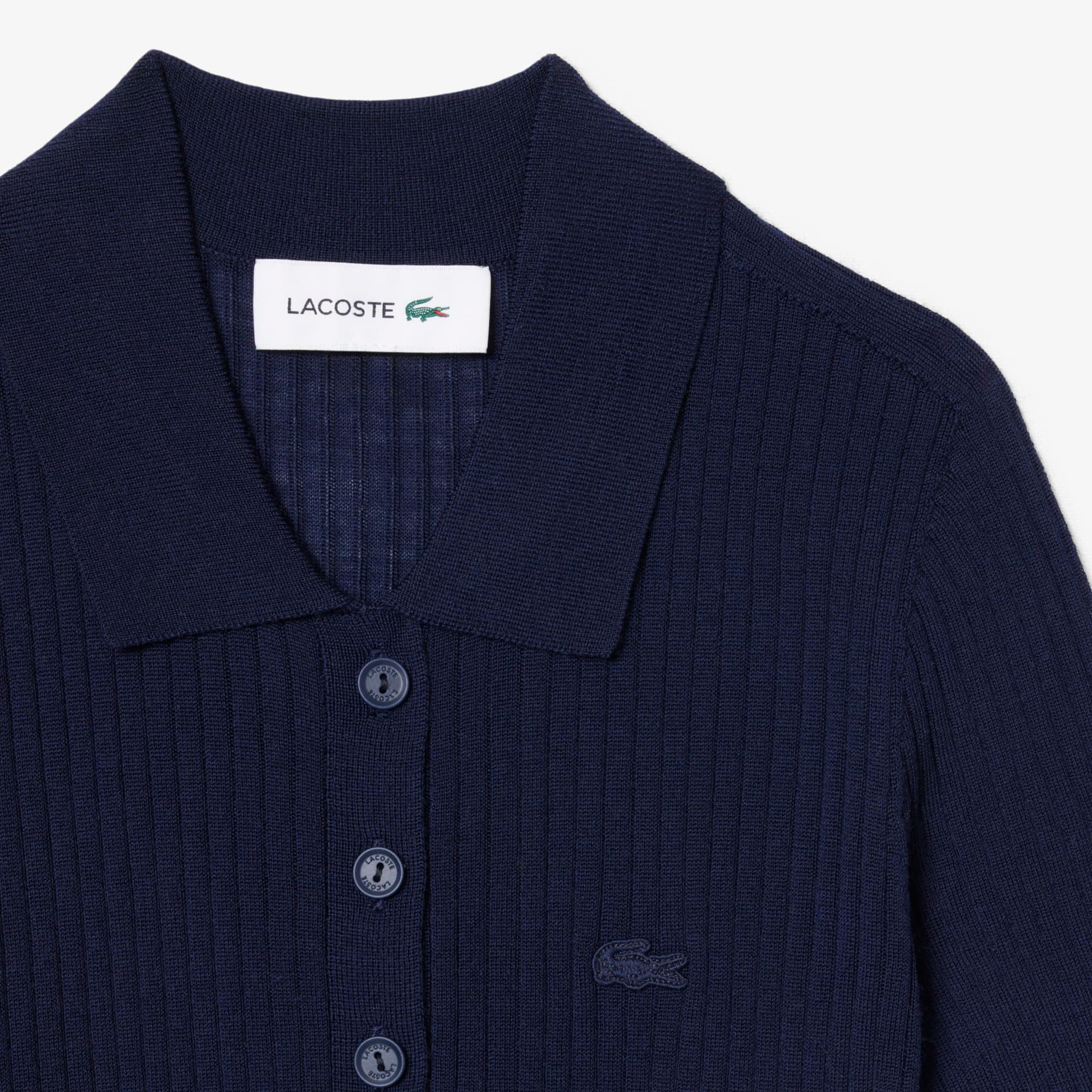 3D Rib Knit Polo Collar Merino Wool Sweater - Navy Blue