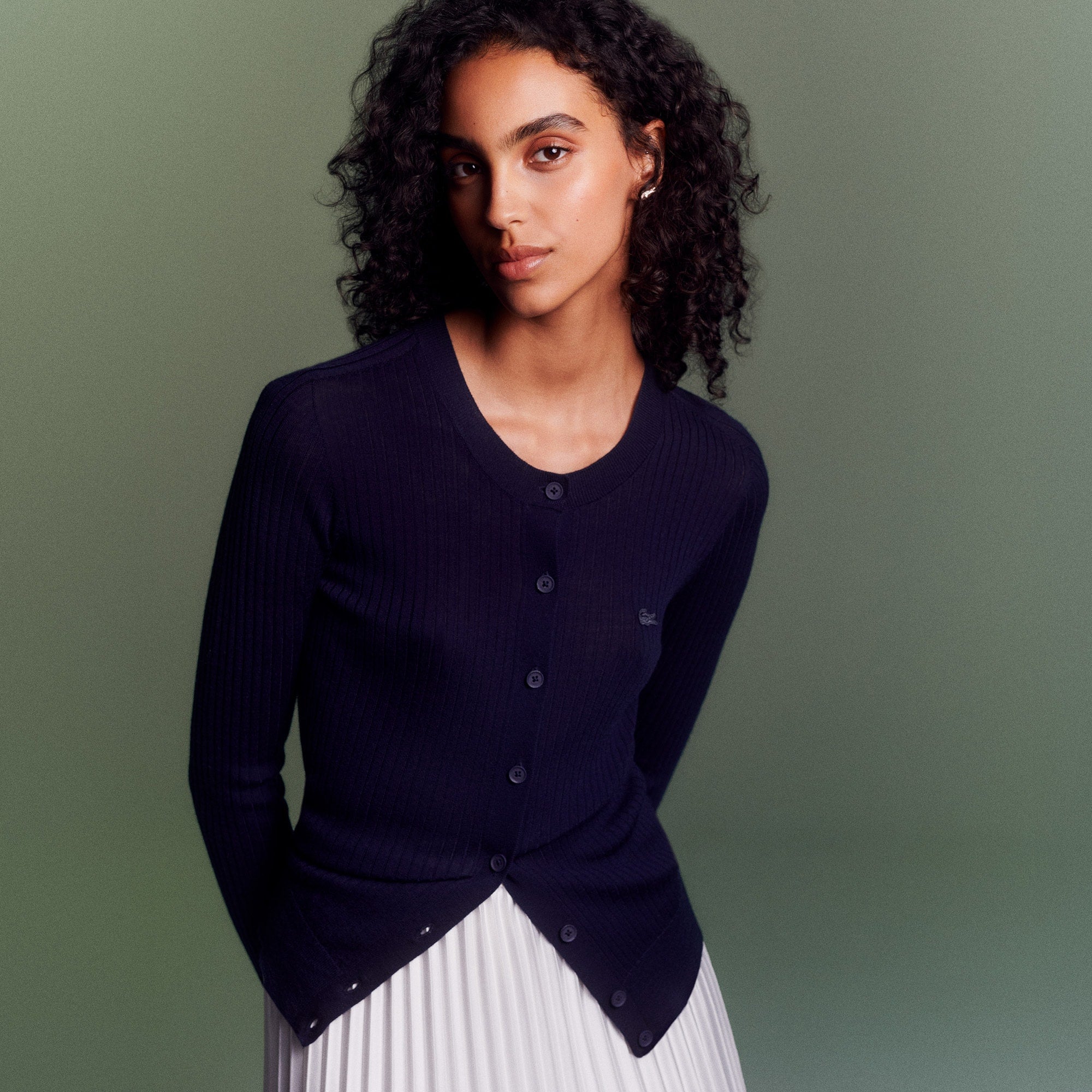 Women's Rib Knit Merino Wool Cardigan - Navy Blue
