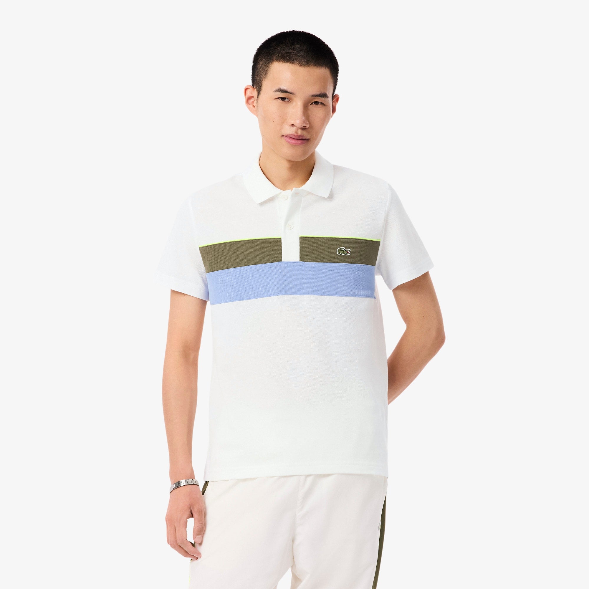 Men's Regular Fit Colorblock Petit Piqué Polo - White / Khaki Green / Purple